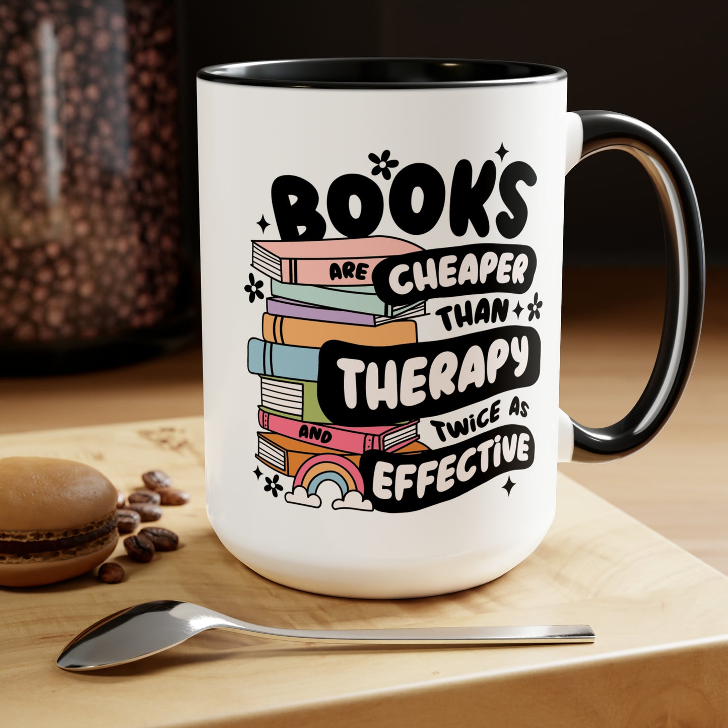 Books, Cheaper Than Therapy Two-Tone Coffee Mugs, 15oz