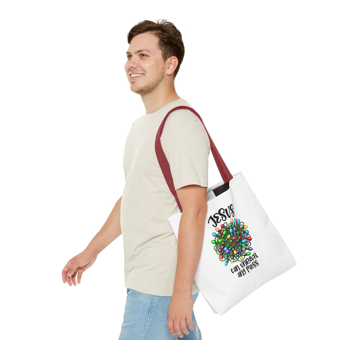 Jesus Can Unravel Any Mess Tote Bag (AOP)