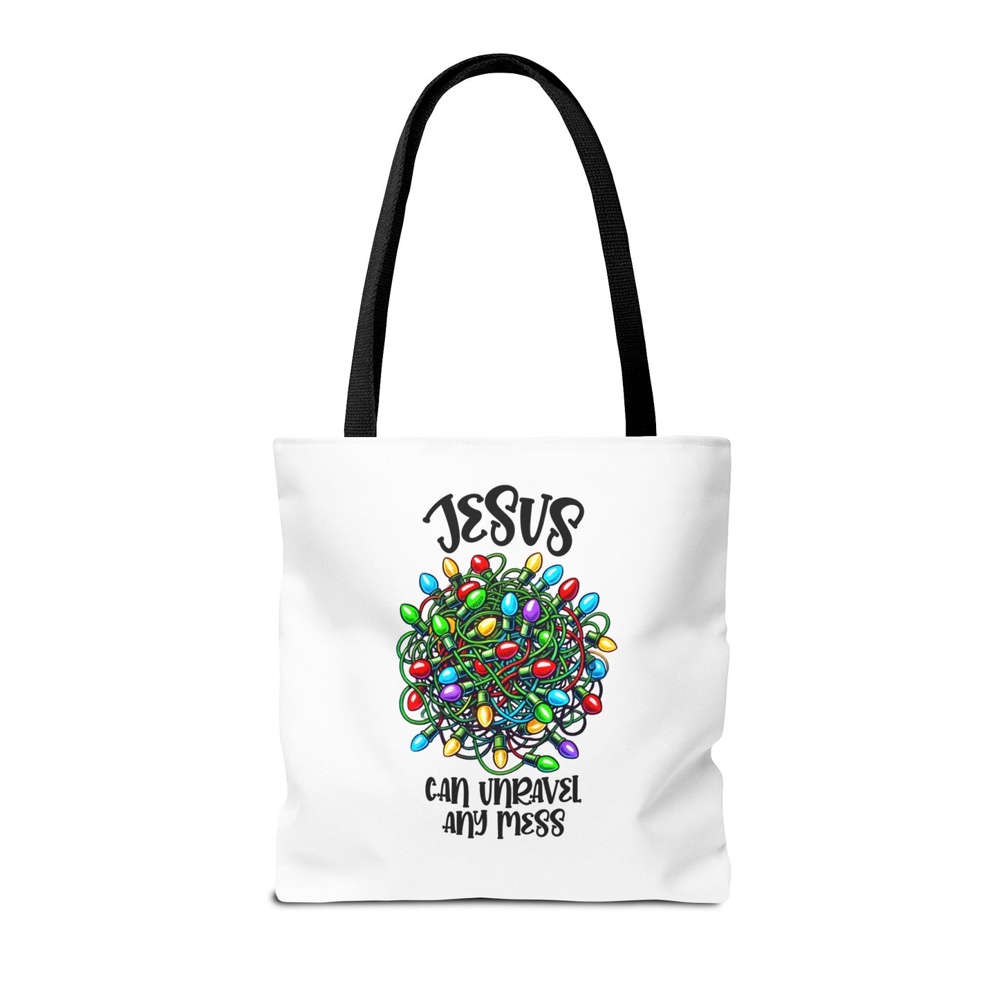 Jesus Can Unravel Any Mess Tote Bag (AOP)