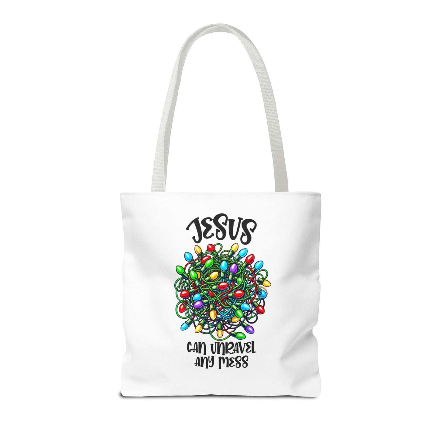 Jesus Can Unravel Any Mess Tote Bag (AOP)