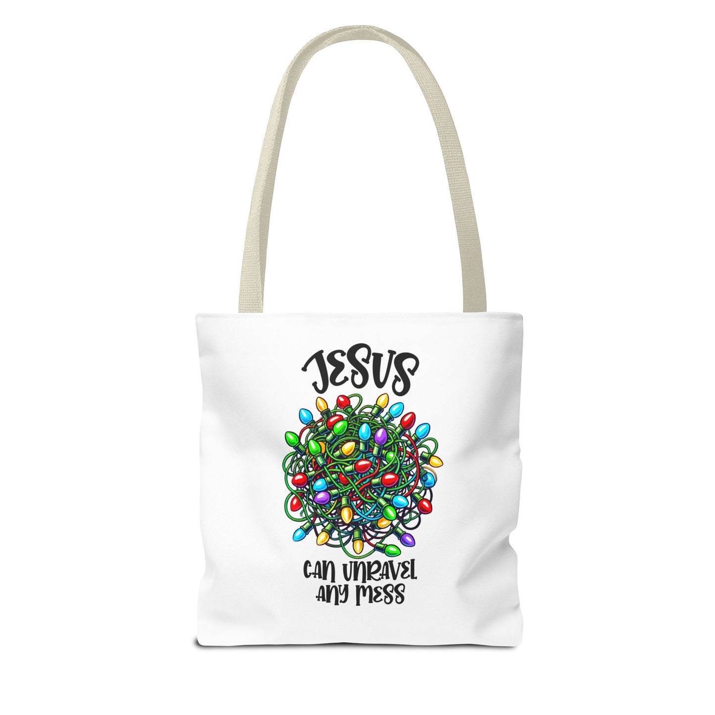 Jesus Can Unravel Any Mess Tote Bag (AOP)