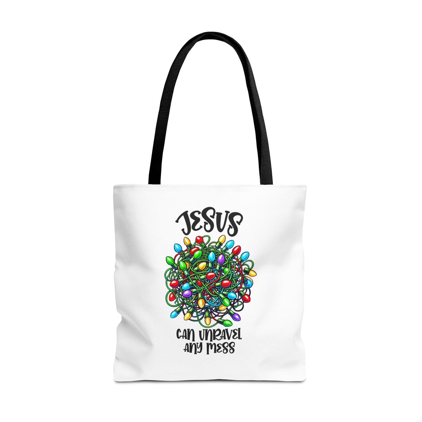 Jesus Can Unravel Any Mess Tote Bag (AOP)