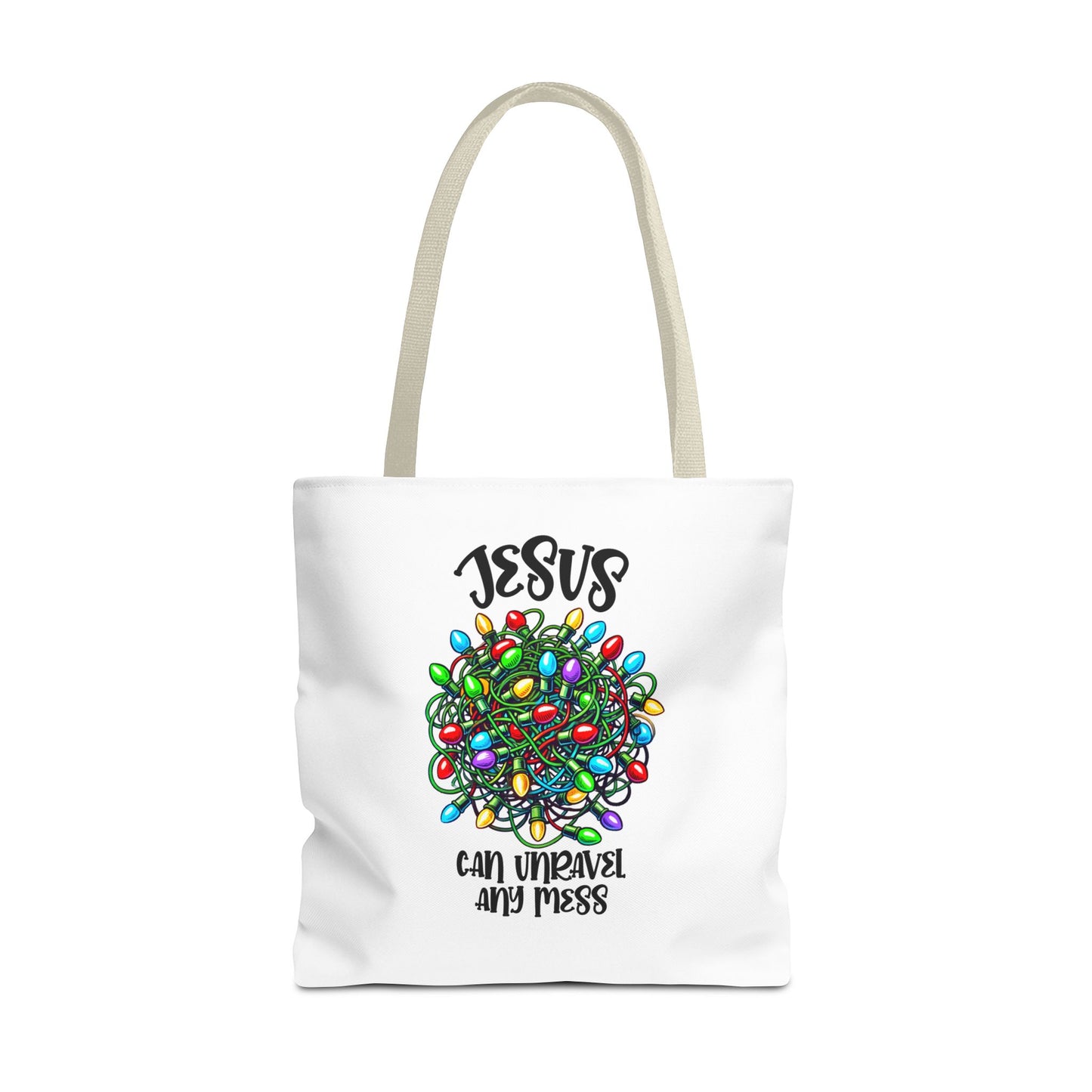 Jesus Can Unravel Any Mess Tote Bag (AOP)