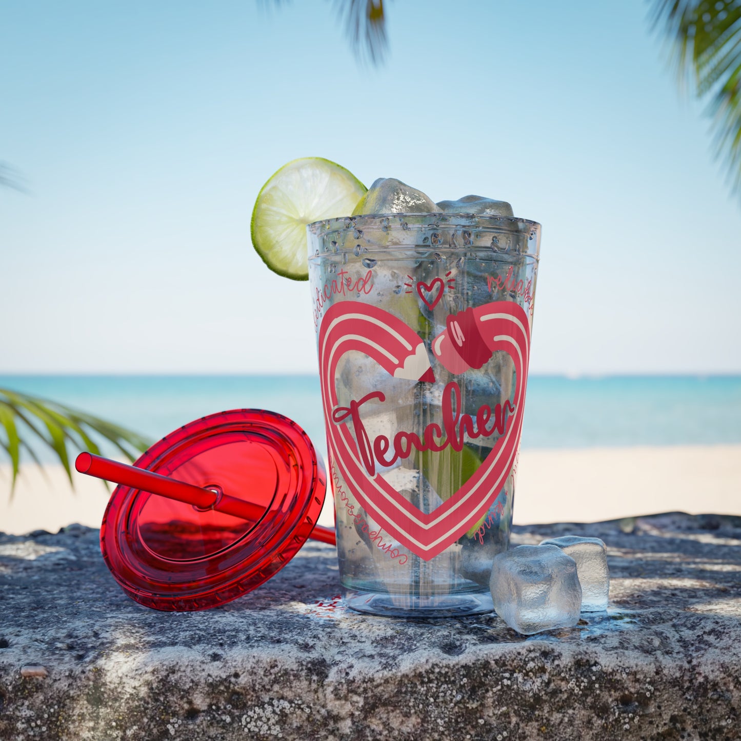 Teacher Heart Sunsplash Tumbler with Straw, 16oz