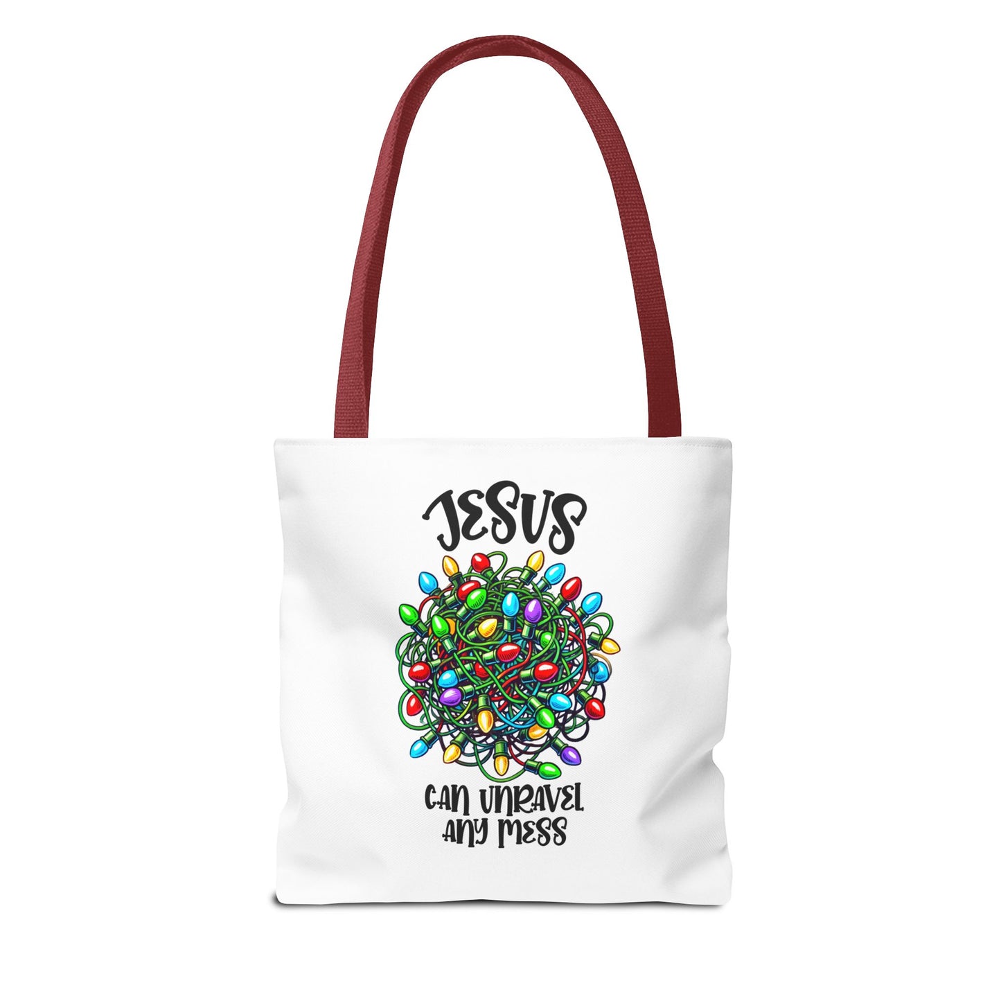Jesus Can Unravel Any Mess Tote Bag (AOP)