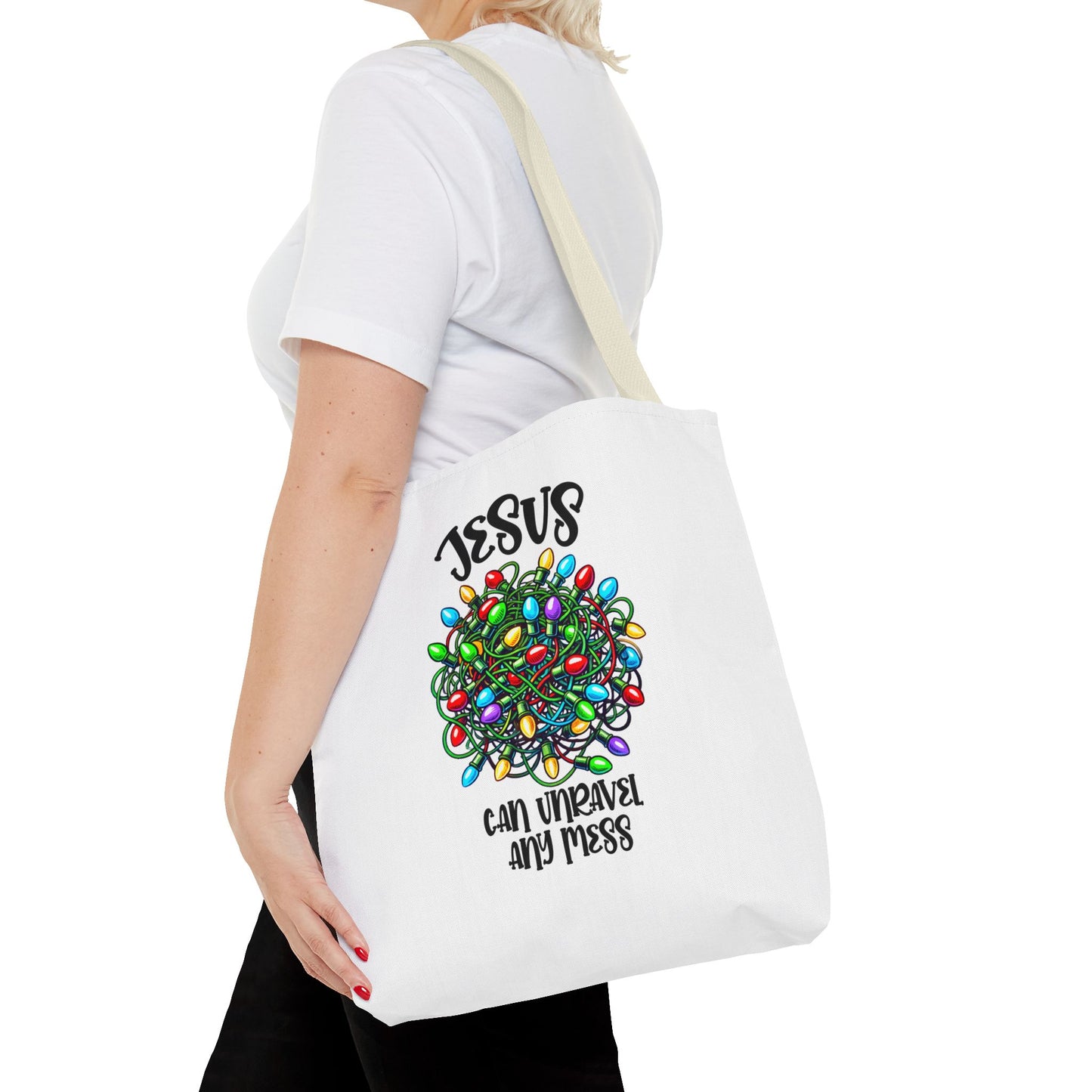 Jesus Can Unravel Any Mess Tote Bag (AOP)