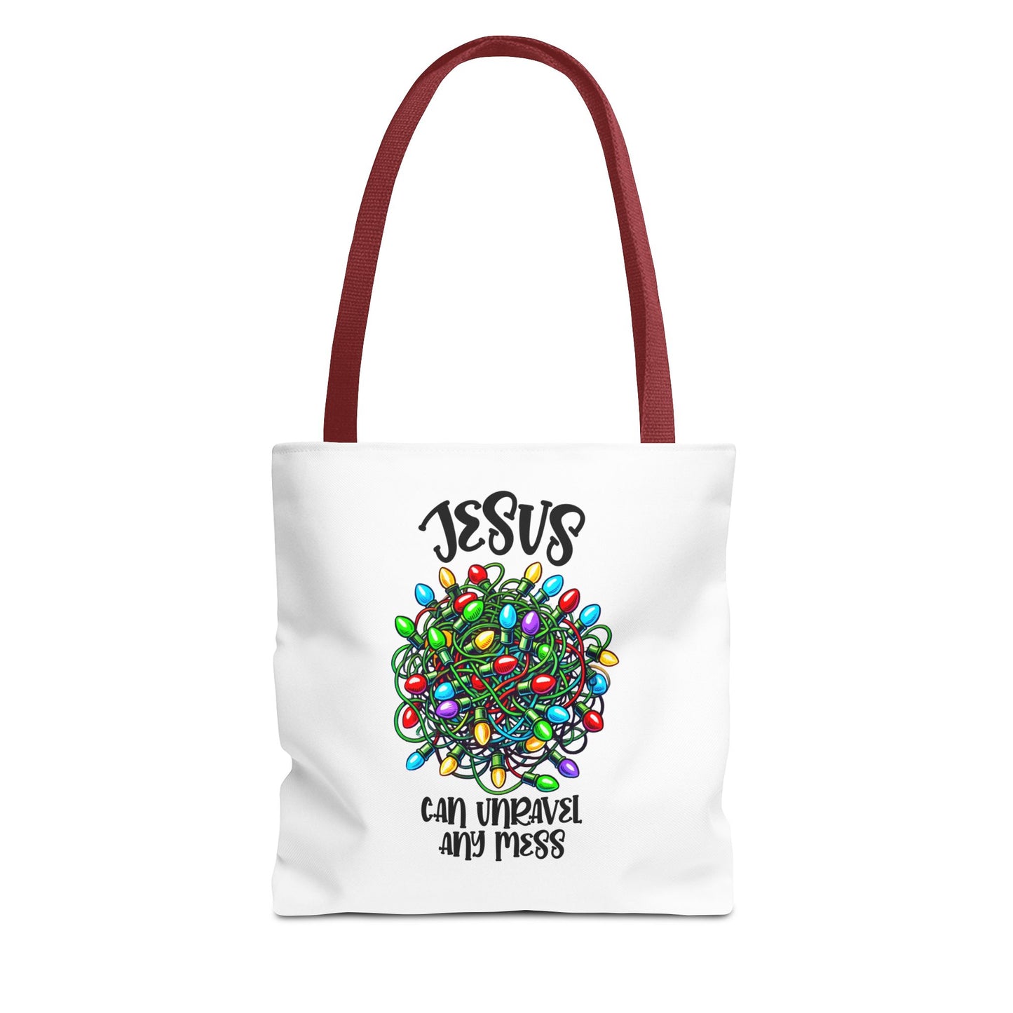Jesus Can Unravel Any Mess Tote Bag (AOP)