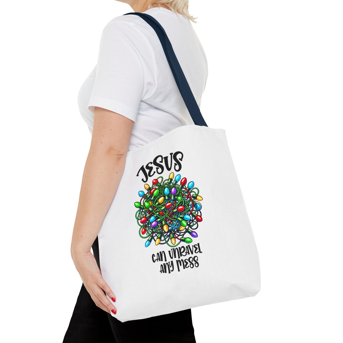 Jesus Can Unravel Any Mess Tote Bag (AOP)