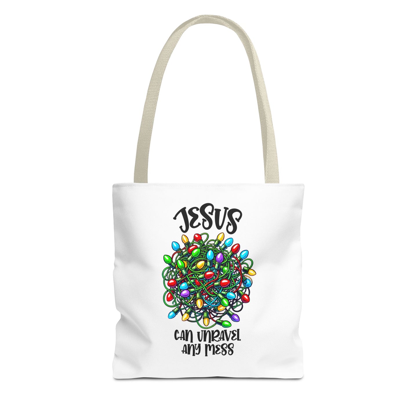 Jesus Can Unravel Any Mess Tote Bag (AOP)