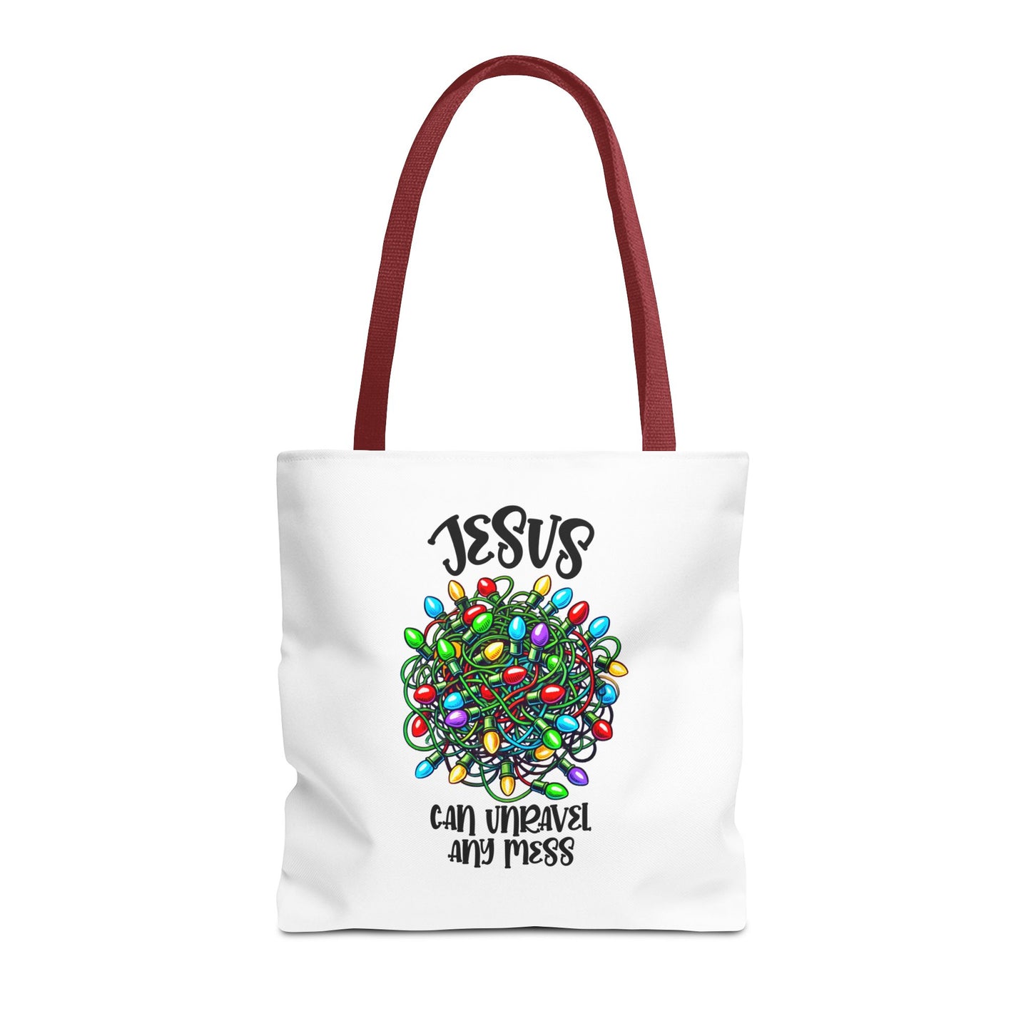 Jesus Can Unravel Any Mess Tote Bag (AOP)
