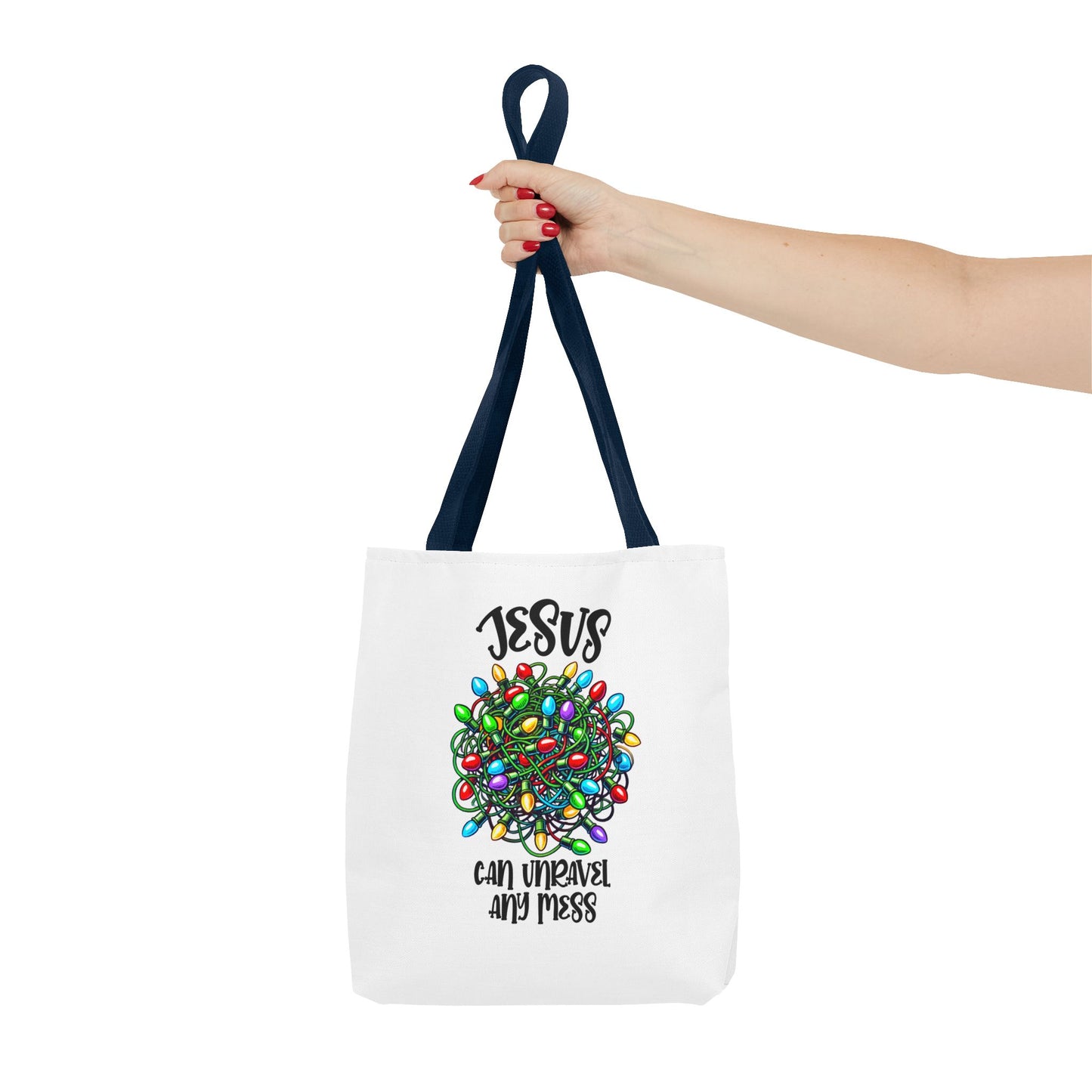 Jesus Can Unravel Any Mess Tote Bag (AOP)