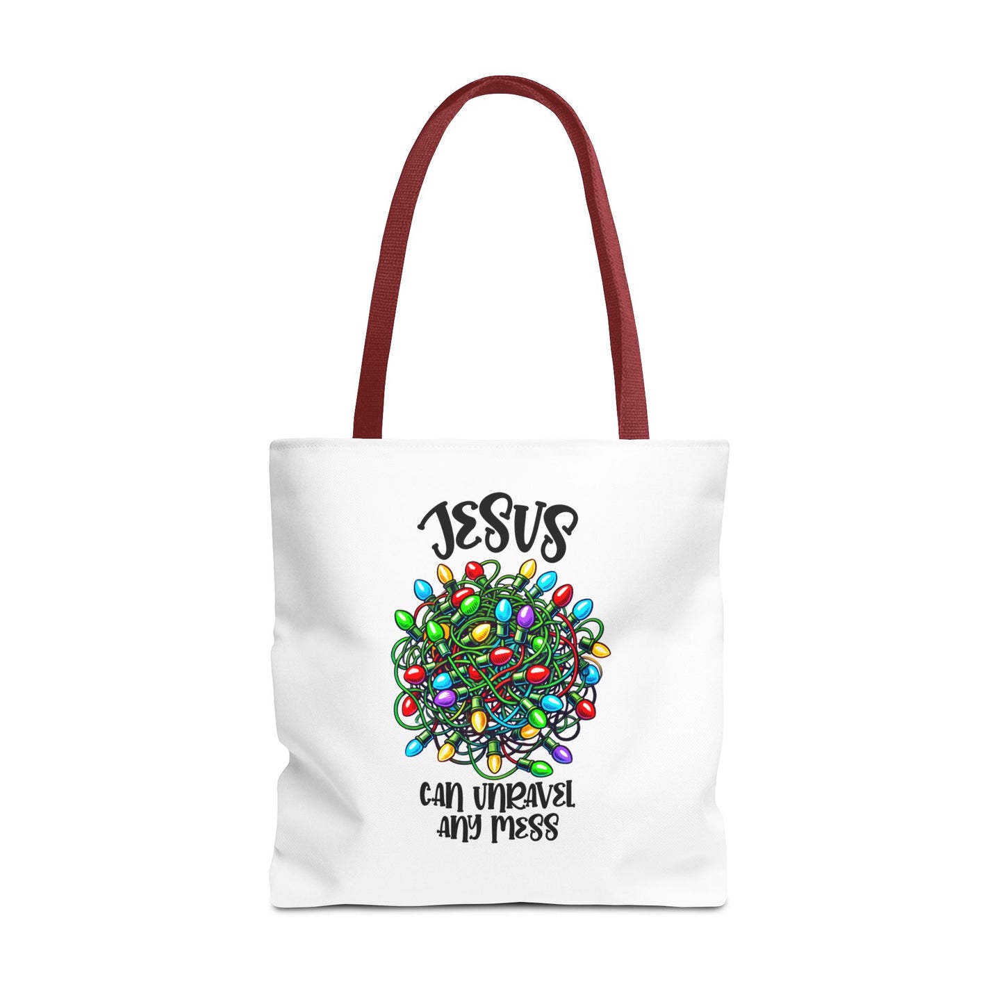 Jesus Can Unravel Any Mess Tote Bag (AOP)
