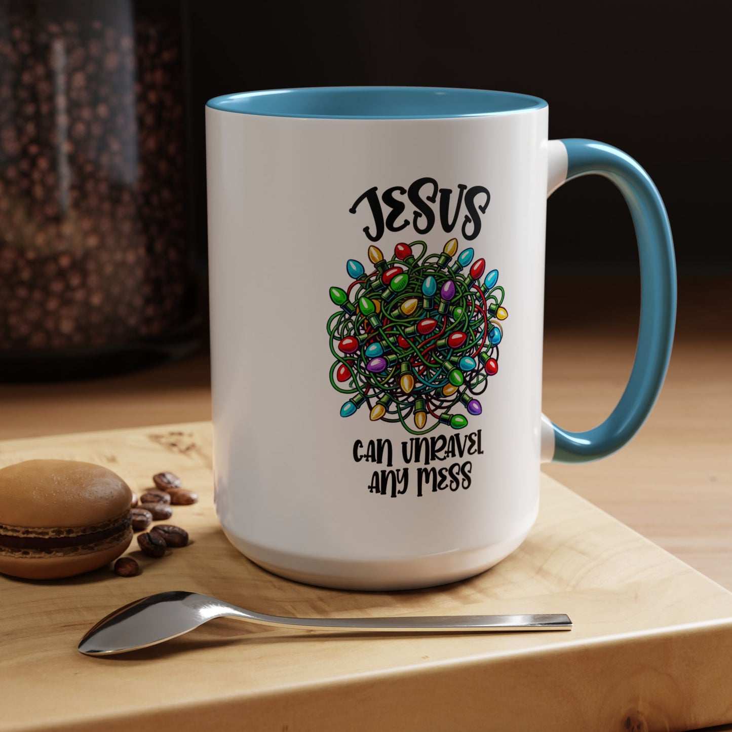Jesus Can Unravel Any Mess Accent Coffee Mug (11, 15oz)