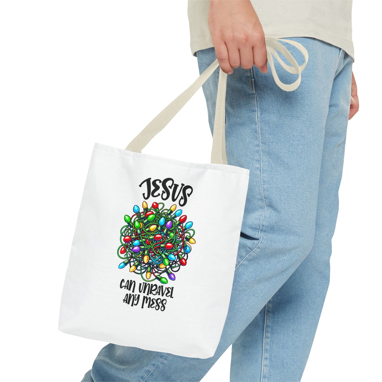 Jesus Can Unravel Any Mess Tote Bag (AOP)