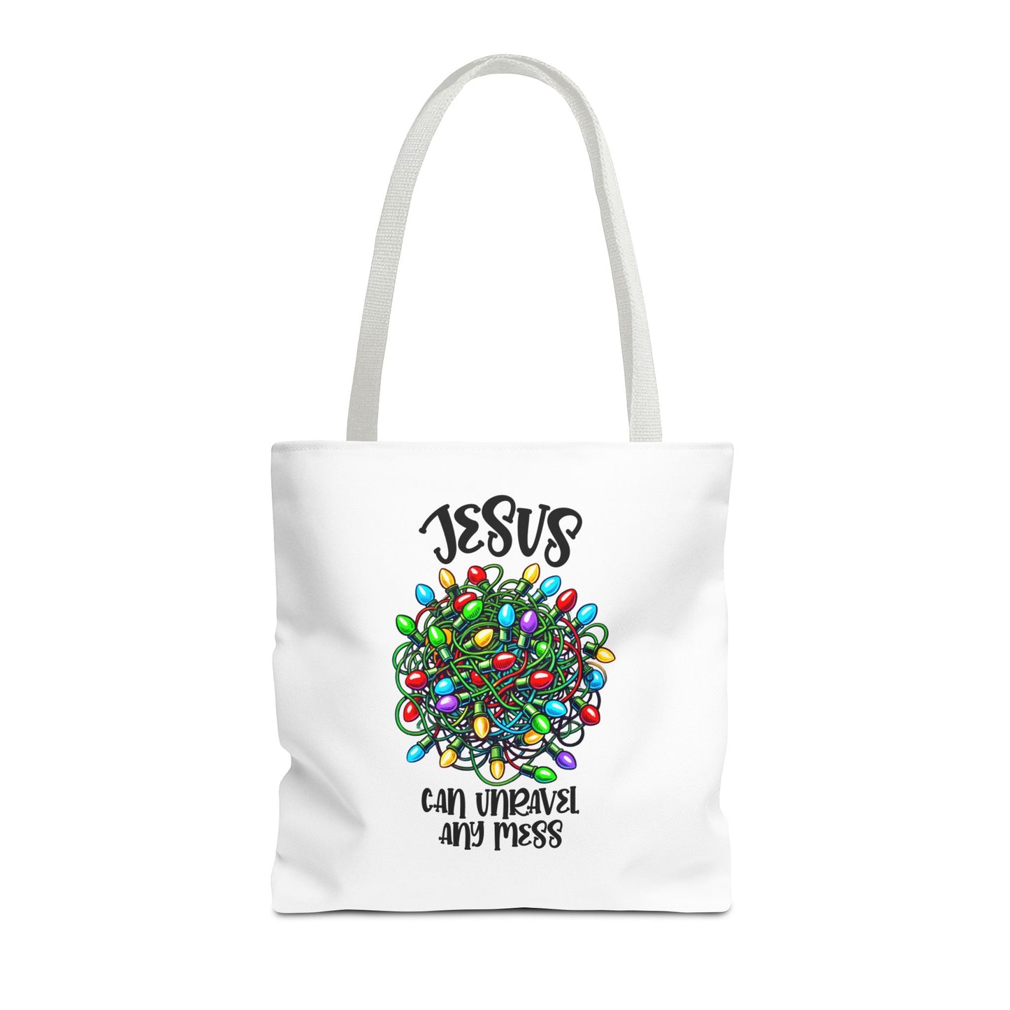 Jesus Can Unravel Any Mess Tote Bag (AOP)