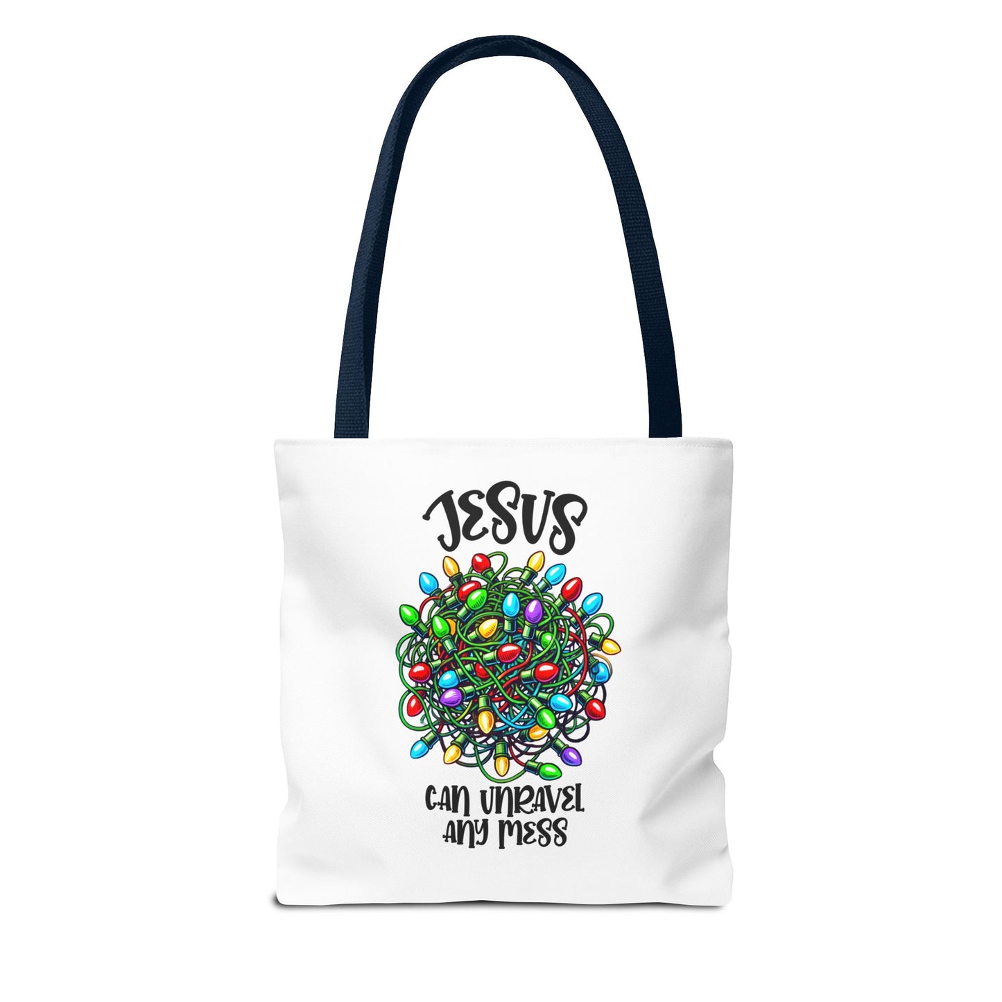 Jesus Can Unravel Any Mess Tote Bag (AOP)