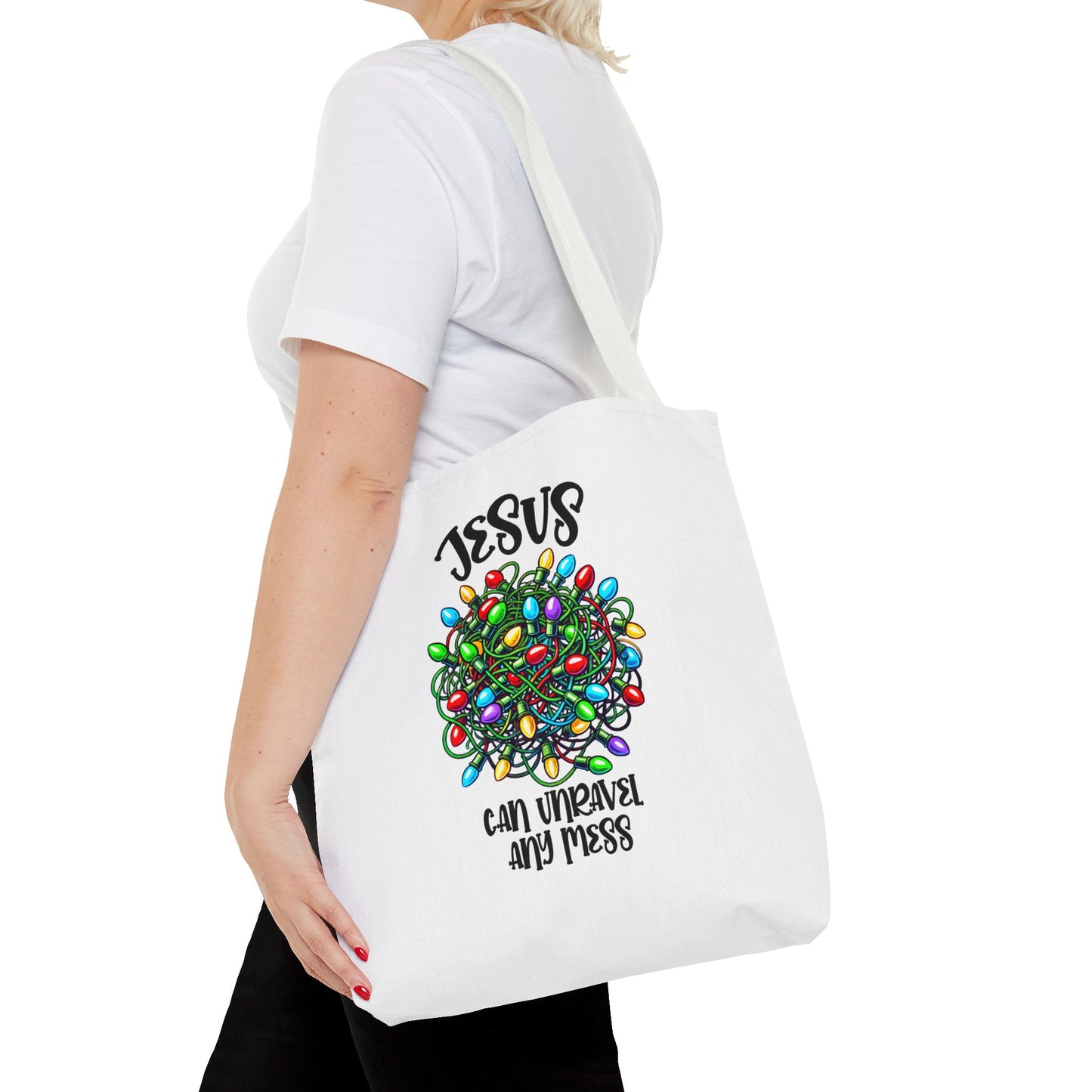 Jesus Can Unravel Any Mess Tote Bag (AOP)