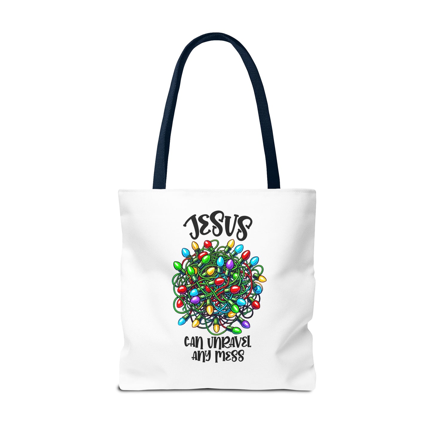 Jesus Can Unravel Any Mess Tote Bag (AOP)