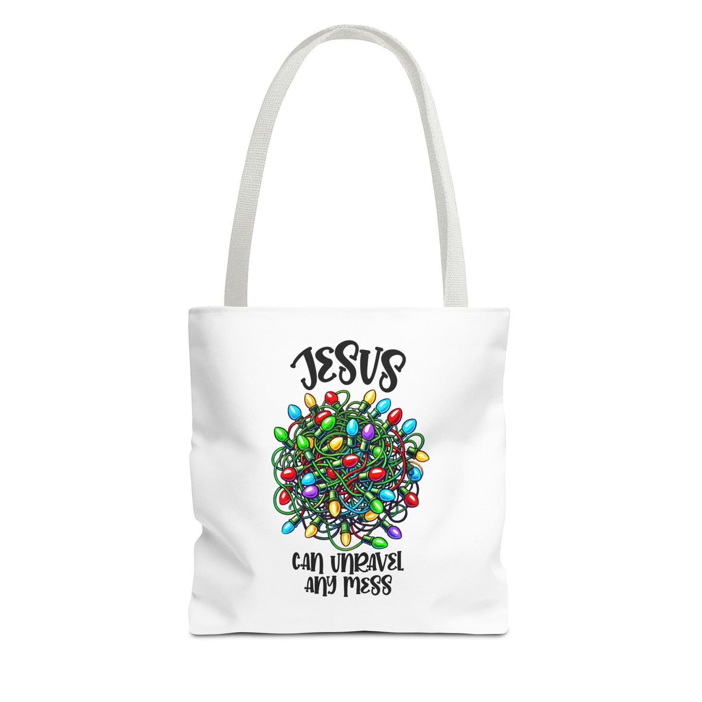 Jesus Can Unravel Any Mess Tote Bag (AOP)