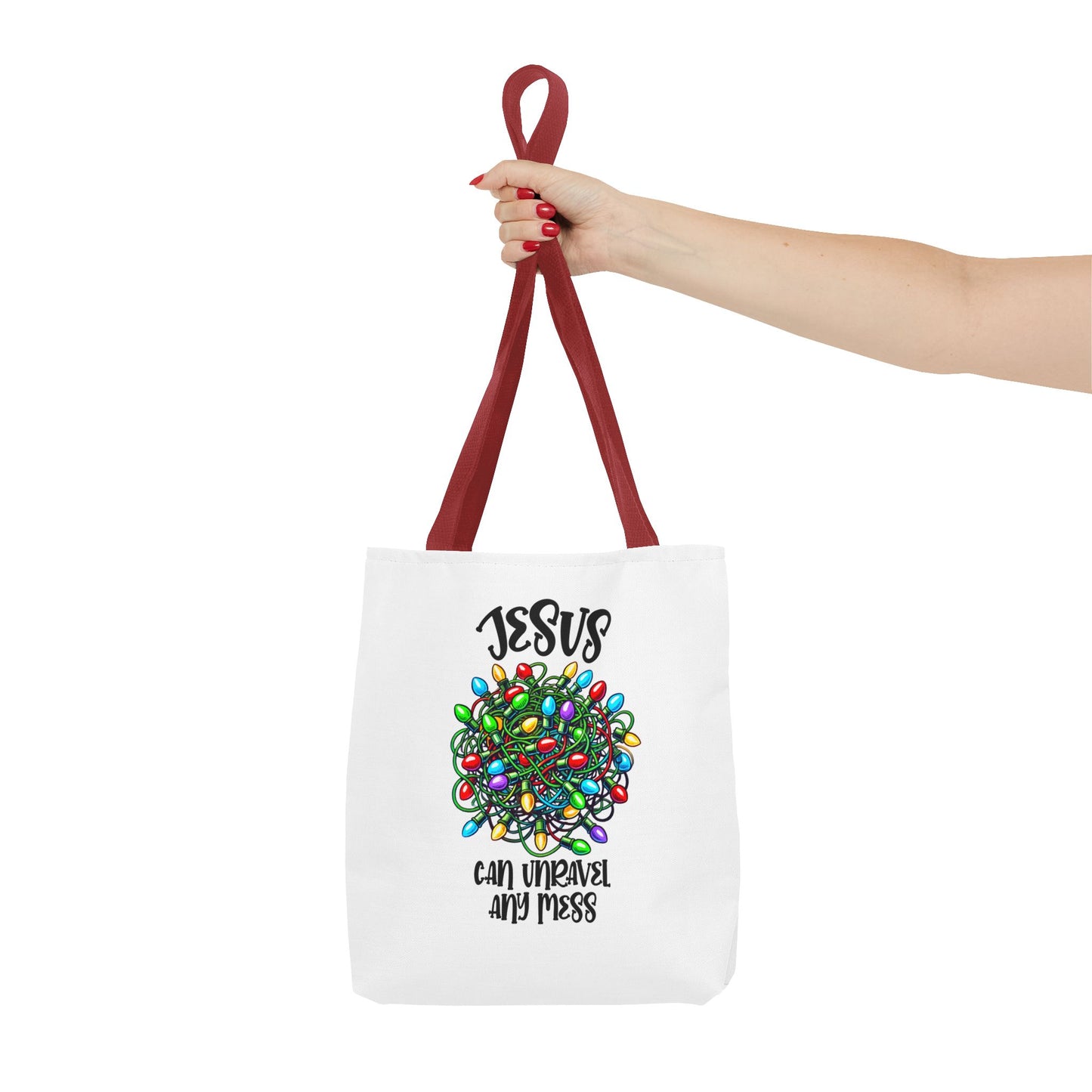 Jesus Can Unravel Any Mess Tote Bag (AOP)