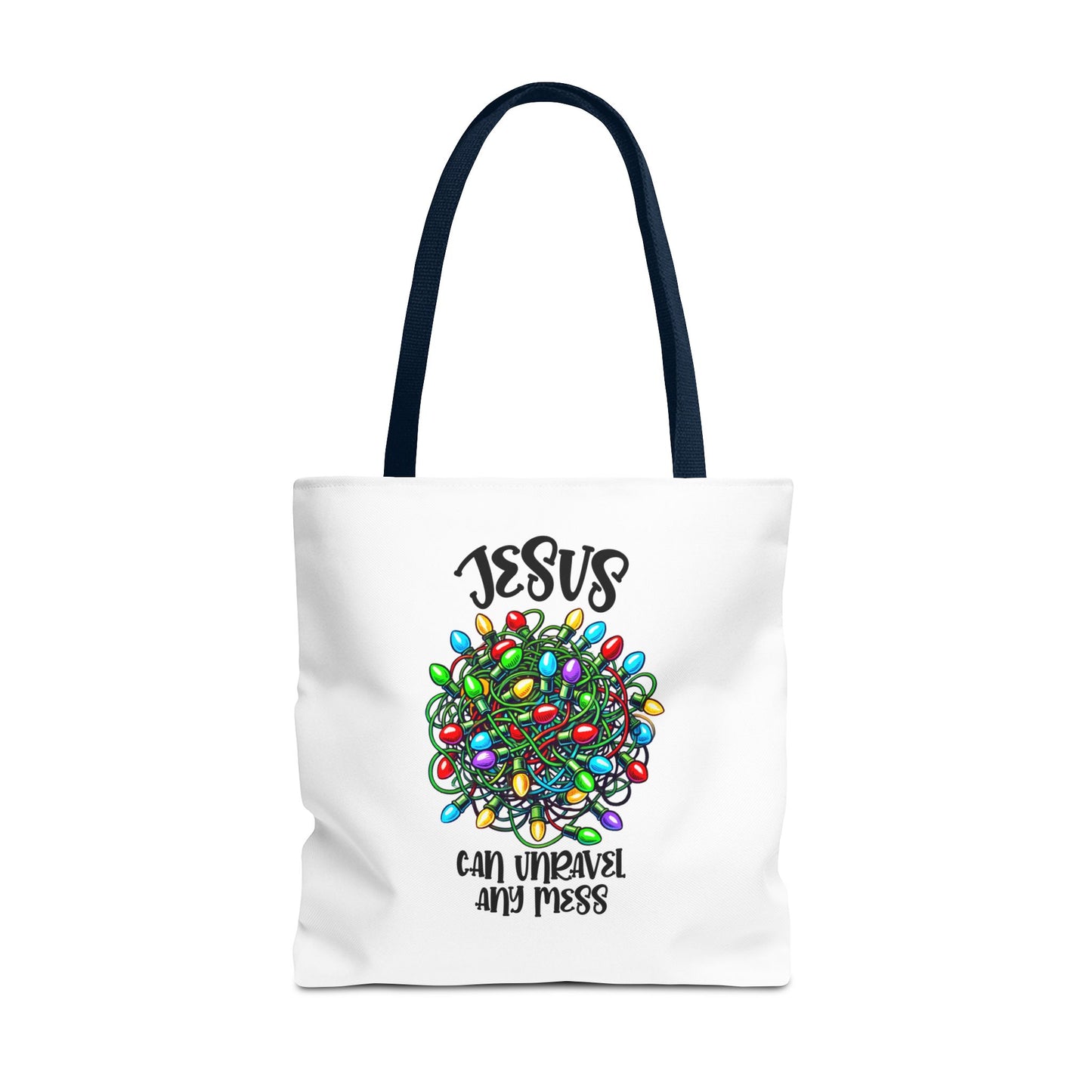 Jesus Can Unravel Any Mess Tote Bag (AOP)