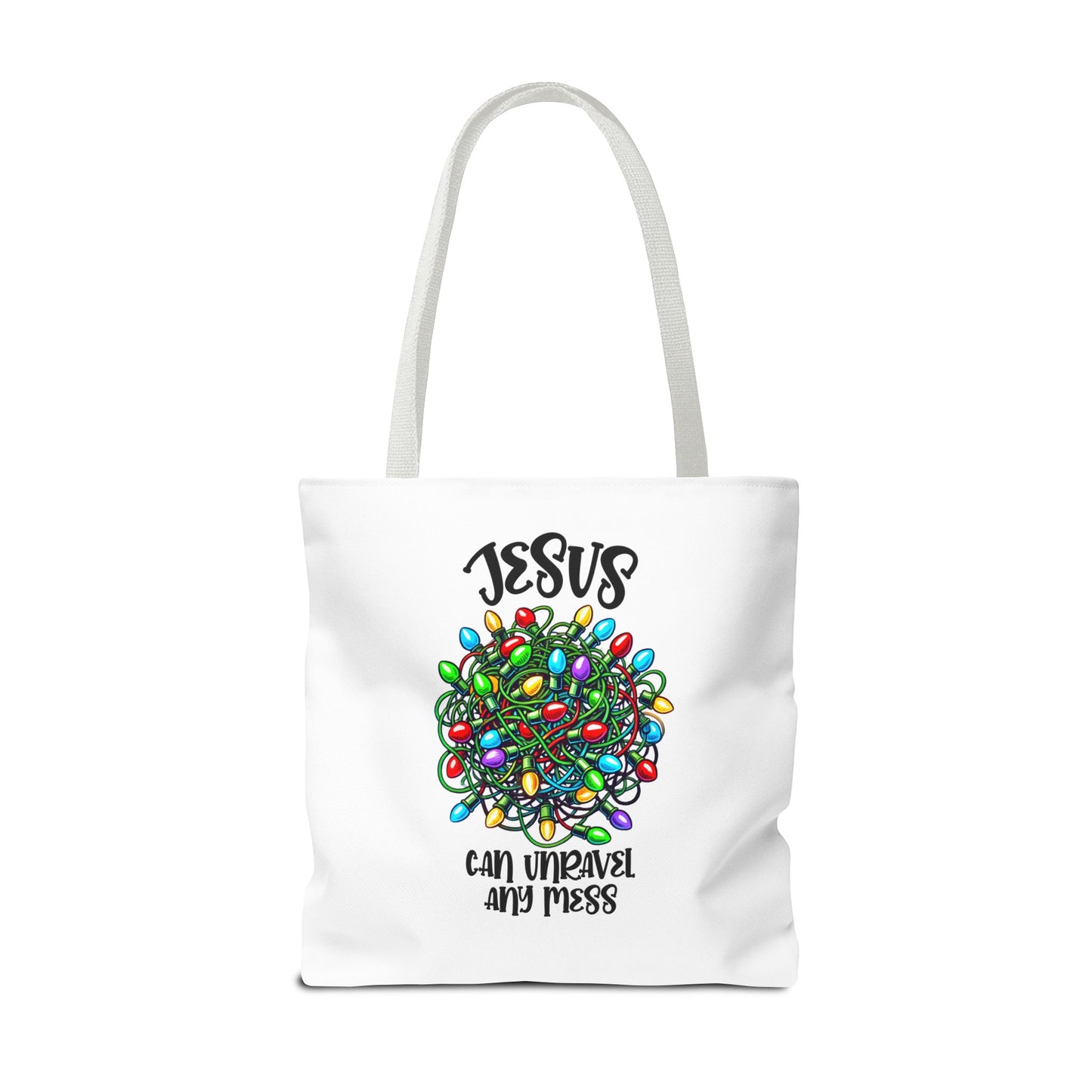 Jesus Can Unravel Any Mess Tote Bag (AOP)