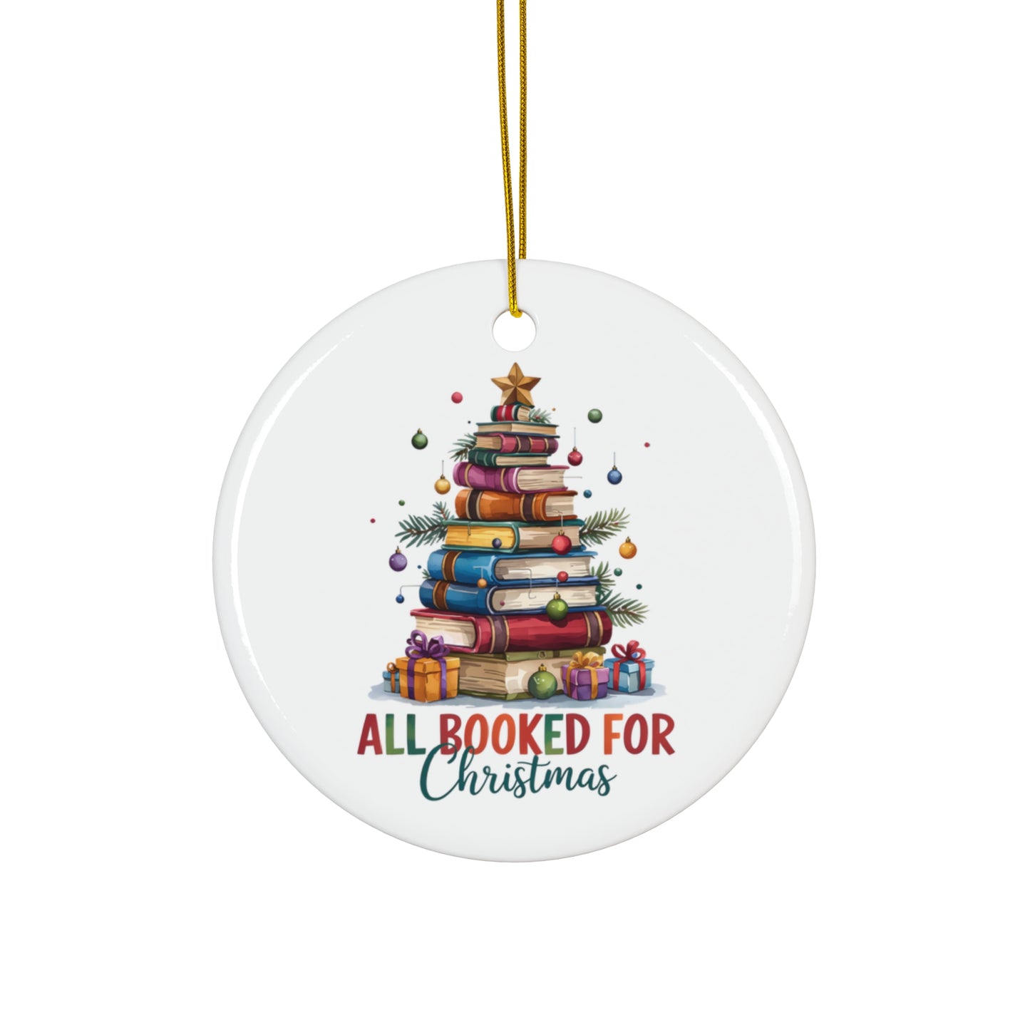Festive Book Lover's Ceramic Ornament - All Booked for Christmas, Holiday Decoration, Gift for Readers, Tree Ornament, Unique Keepsake