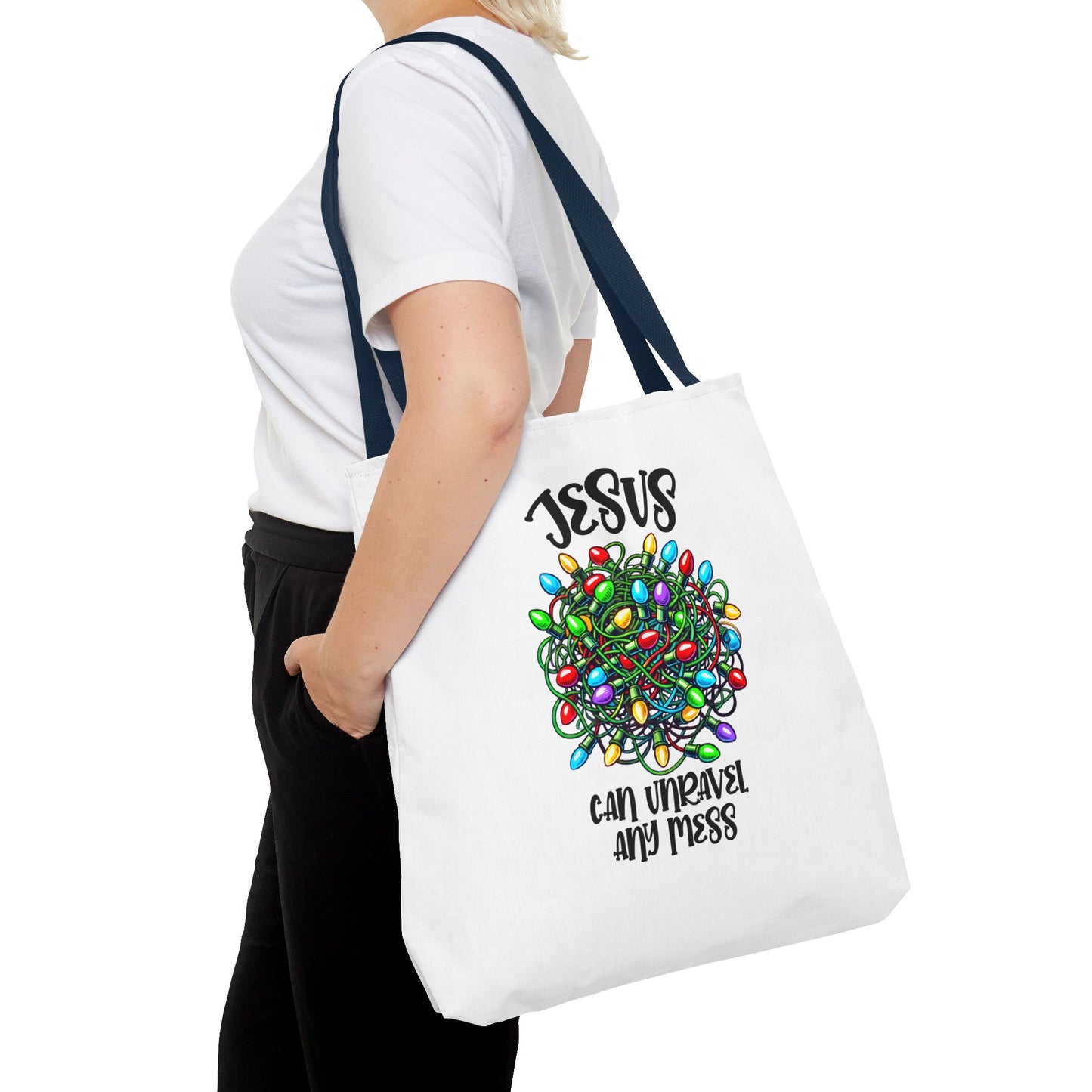 Jesus Can Unravel Any Mess Tote Bag (AOP)