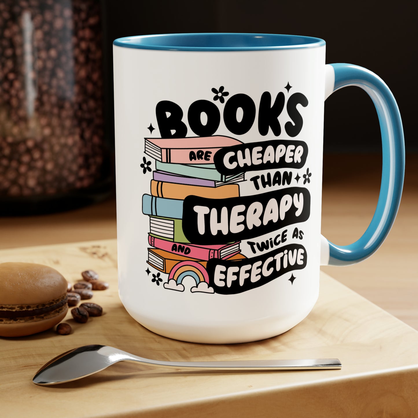 Books, Cheaper Than Therapy Two-Tone Coffee Mugs, 15oz