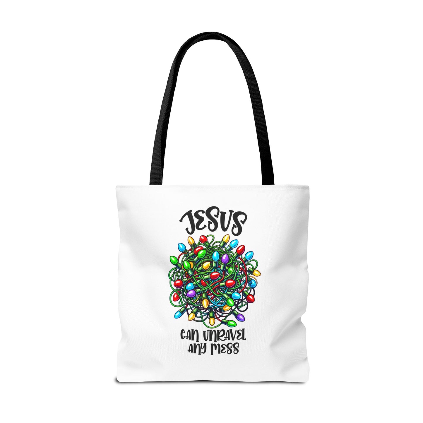 Jesus Can Unravel Any Mess Tote Bag (AOP)