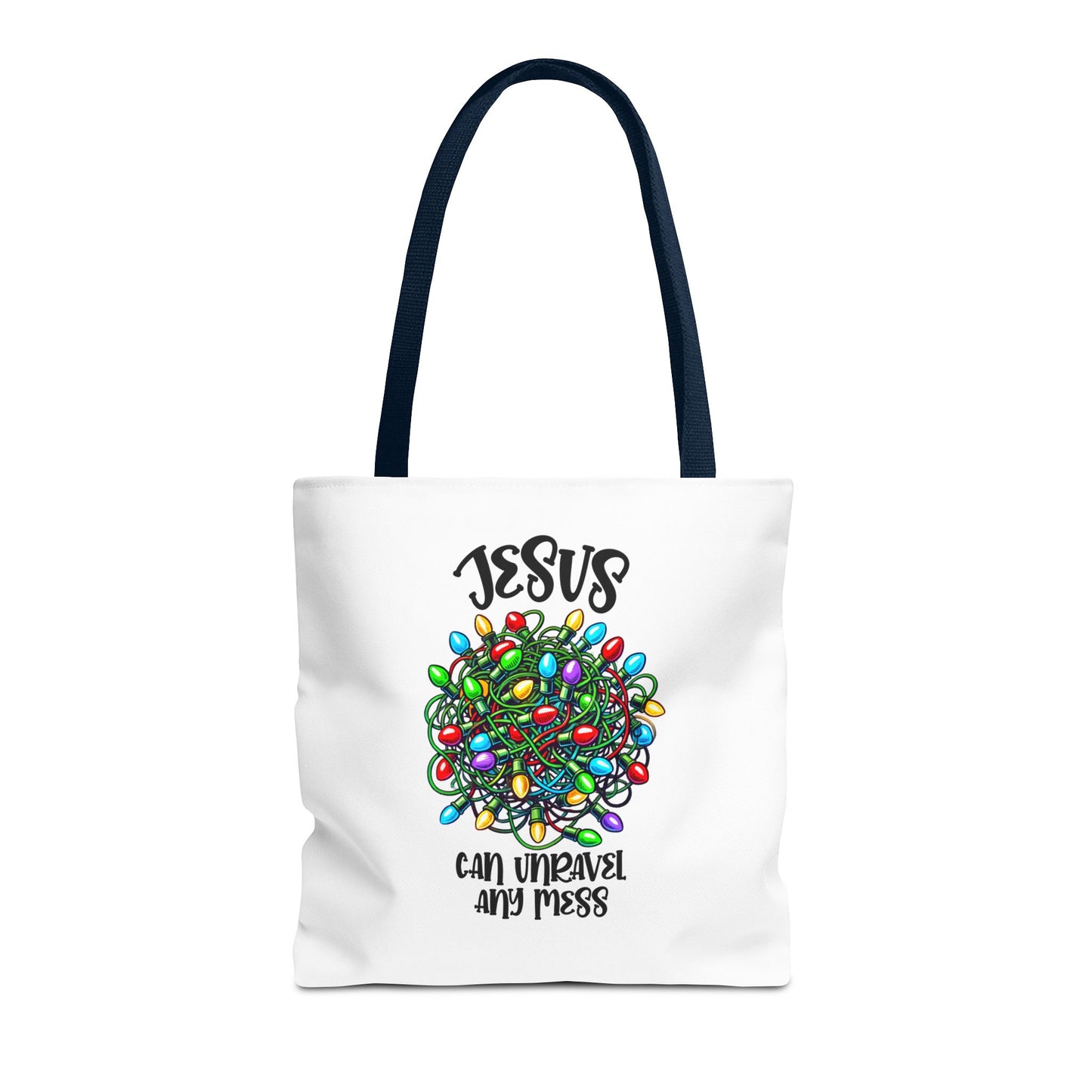 Jesus Can Unravel Any Mess Tote Bag (AOP)