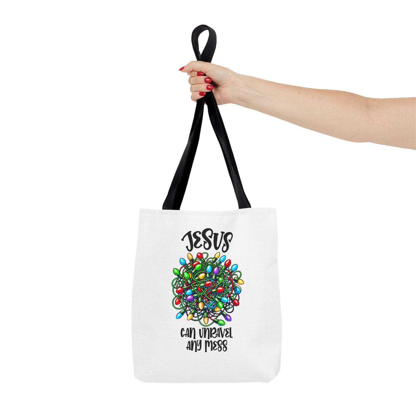 Jesus Can Unravel Any Mess Tote Bag (AOP)