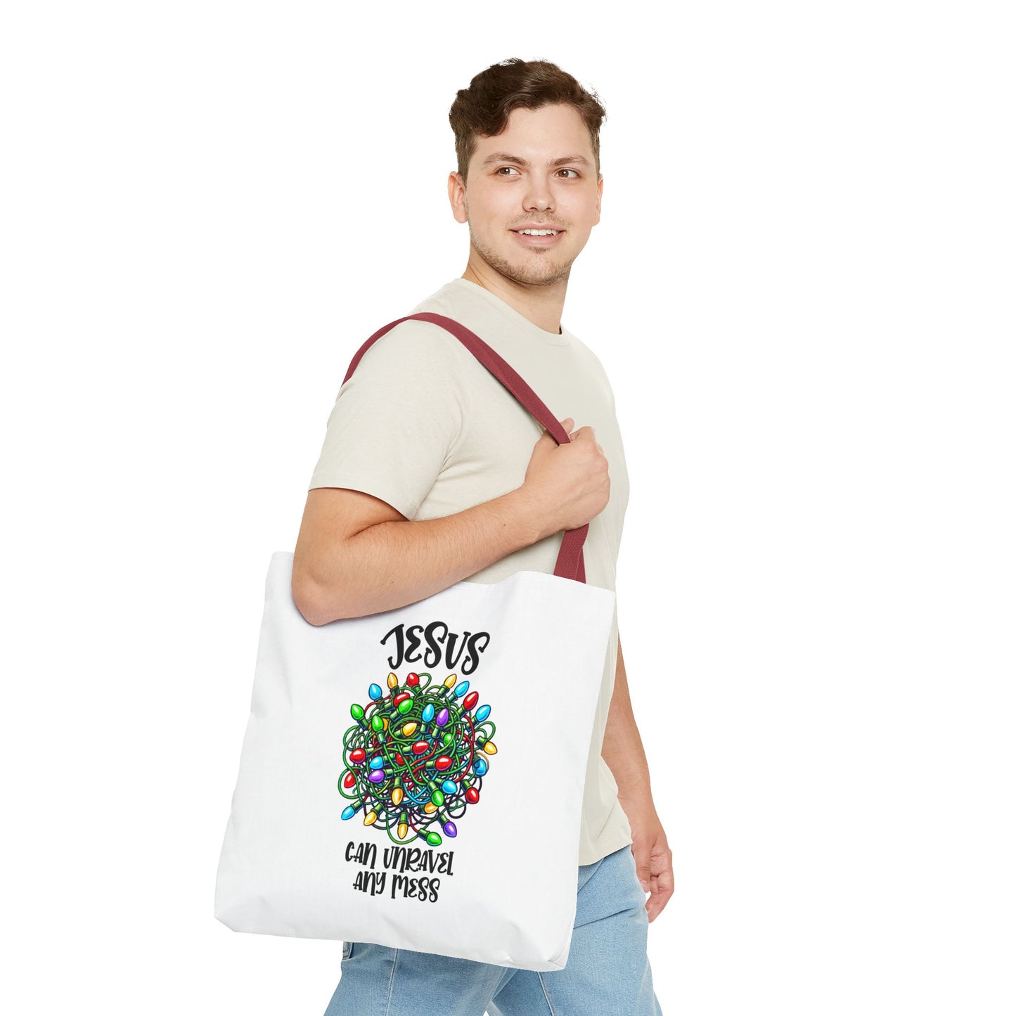 Jesus Can Unravel Any Mess Tote Bag (AOP)