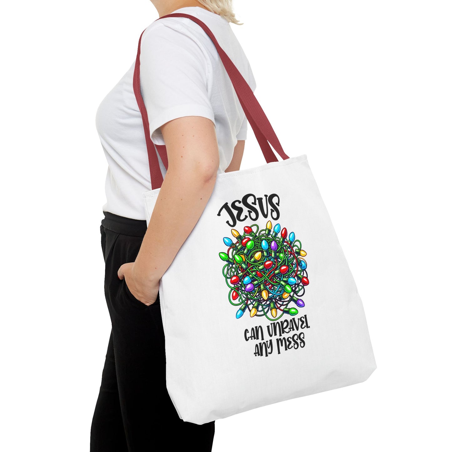 Jesus Can Unravel Any Mess Tote Bag (AOP)