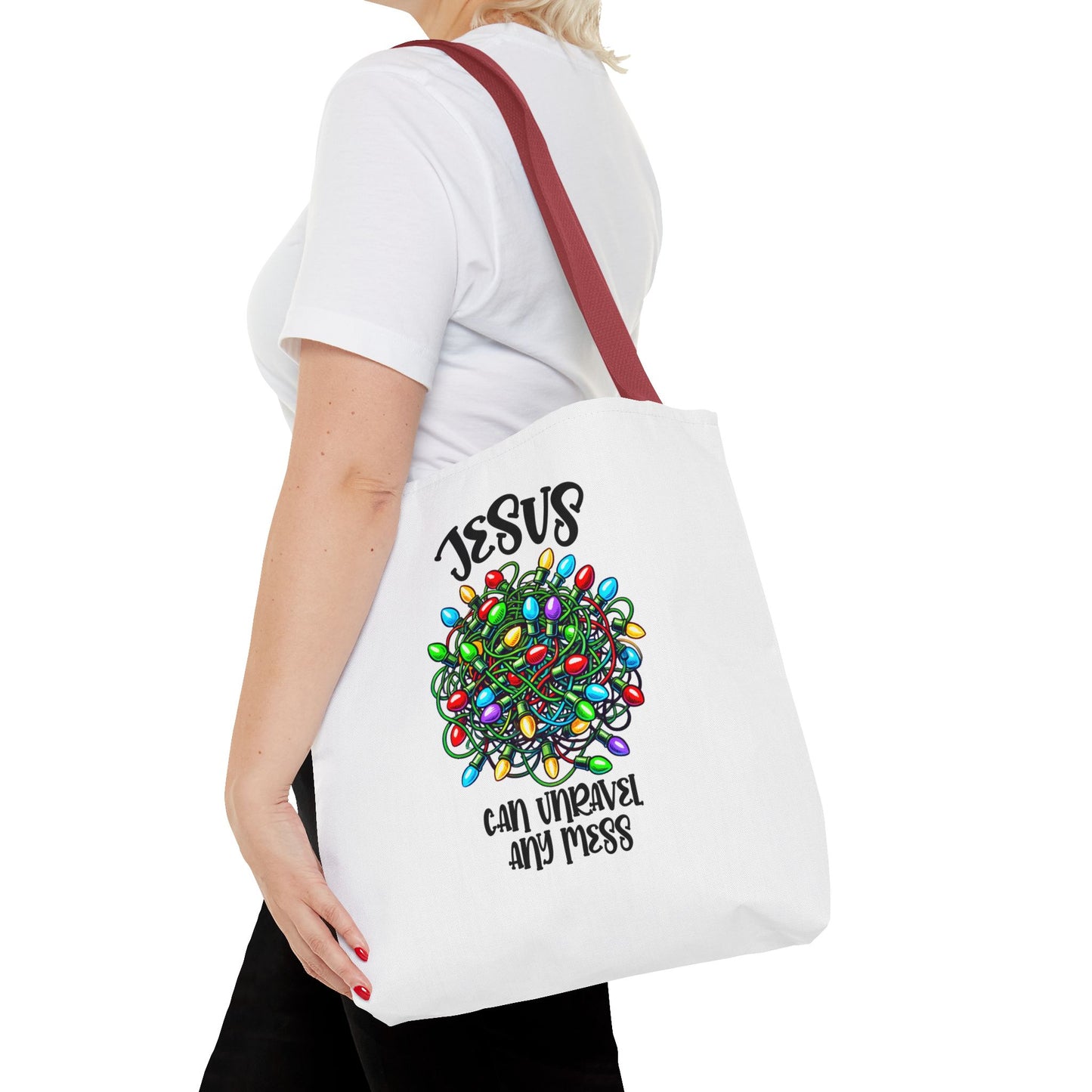 Jesus Can Unravel Any Mess Tote Bag (AOP)