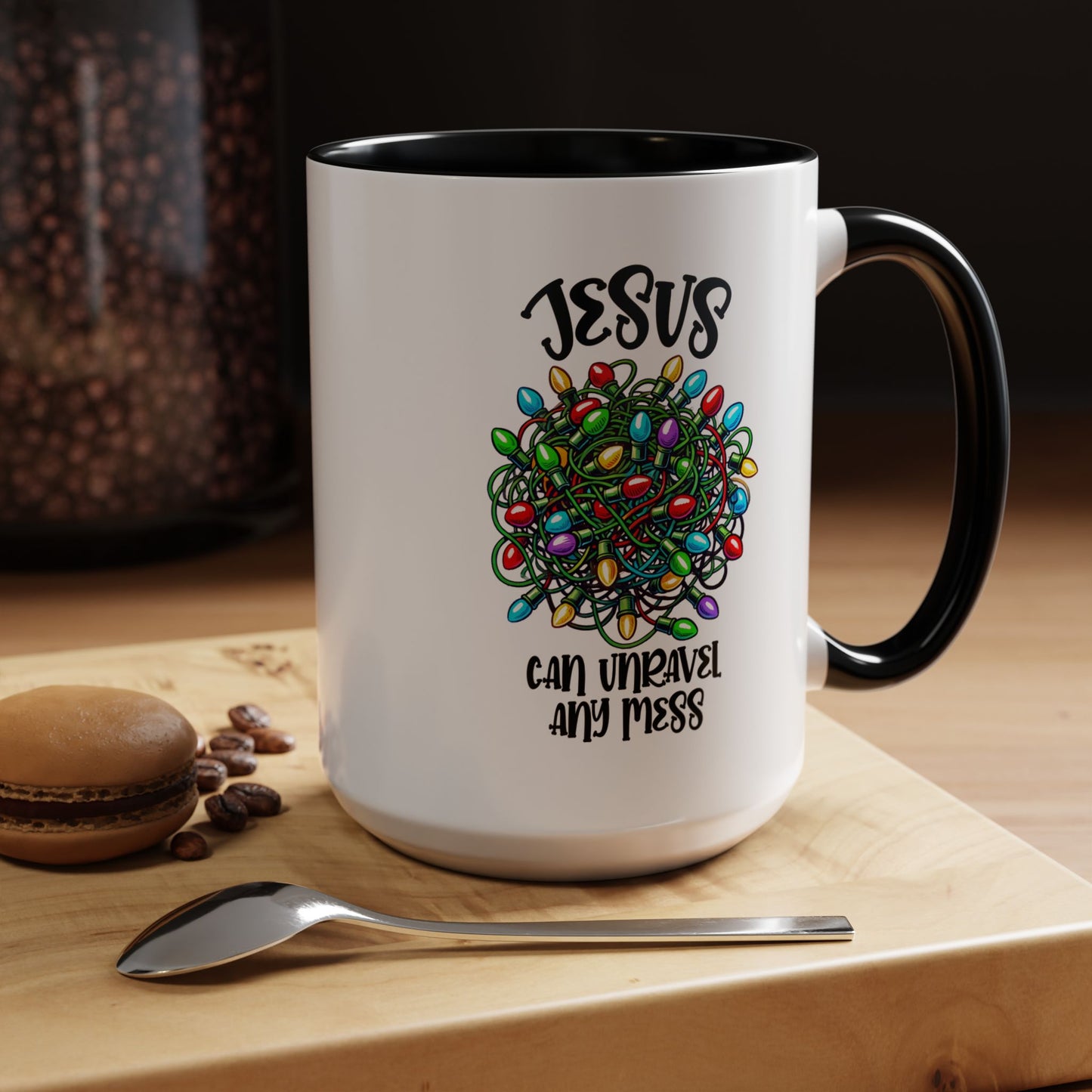 Jesus Can Unravel Any Mess Accent Coffee Mug (11, 15oz)