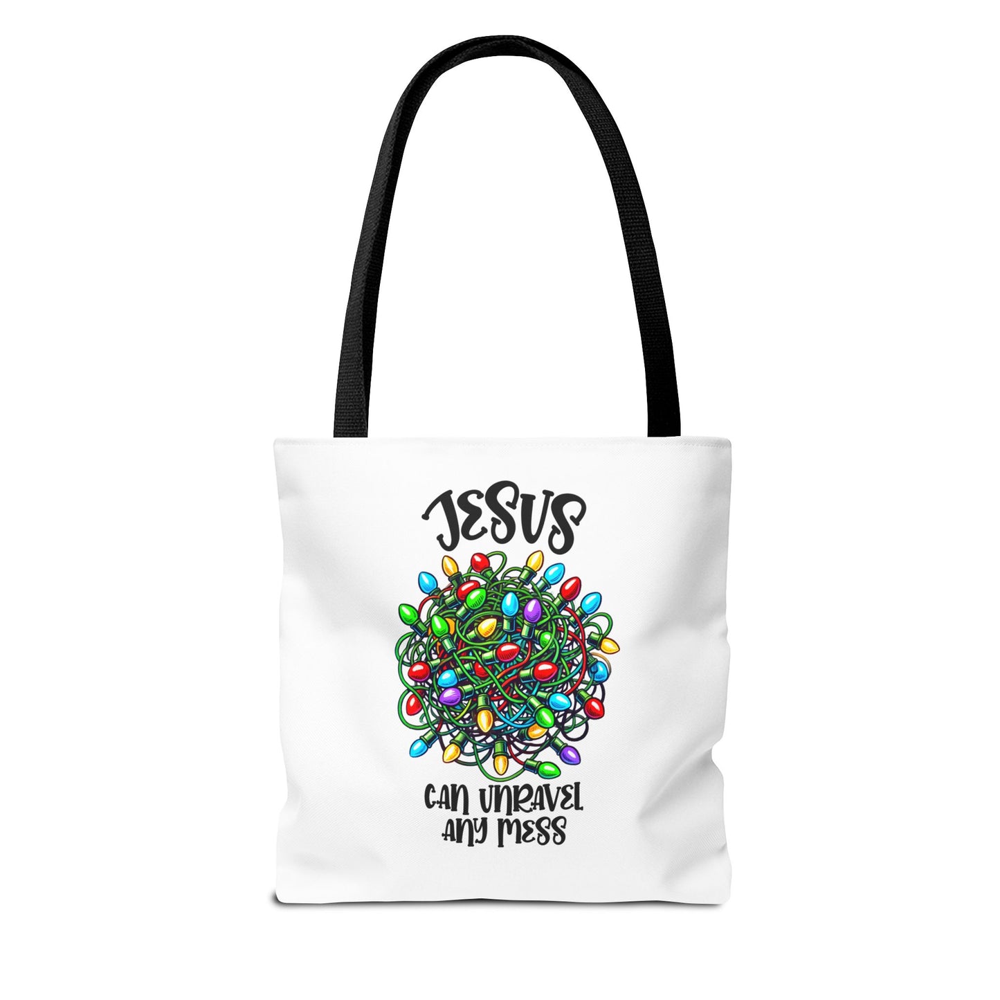 Jesus Can Unravel Any Mess Tote Bag (AOP)