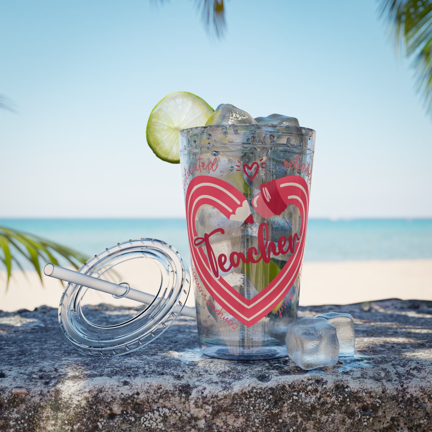 Teacher Heart Sunsplash Tumbler with Straw, 16oz