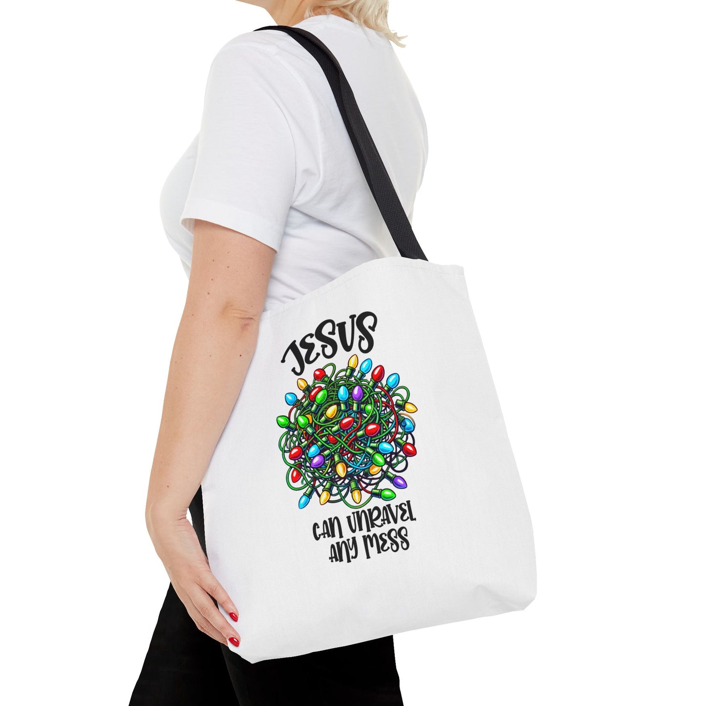 Jesus Can Unravel Any Mess Tote Bag (AOP)