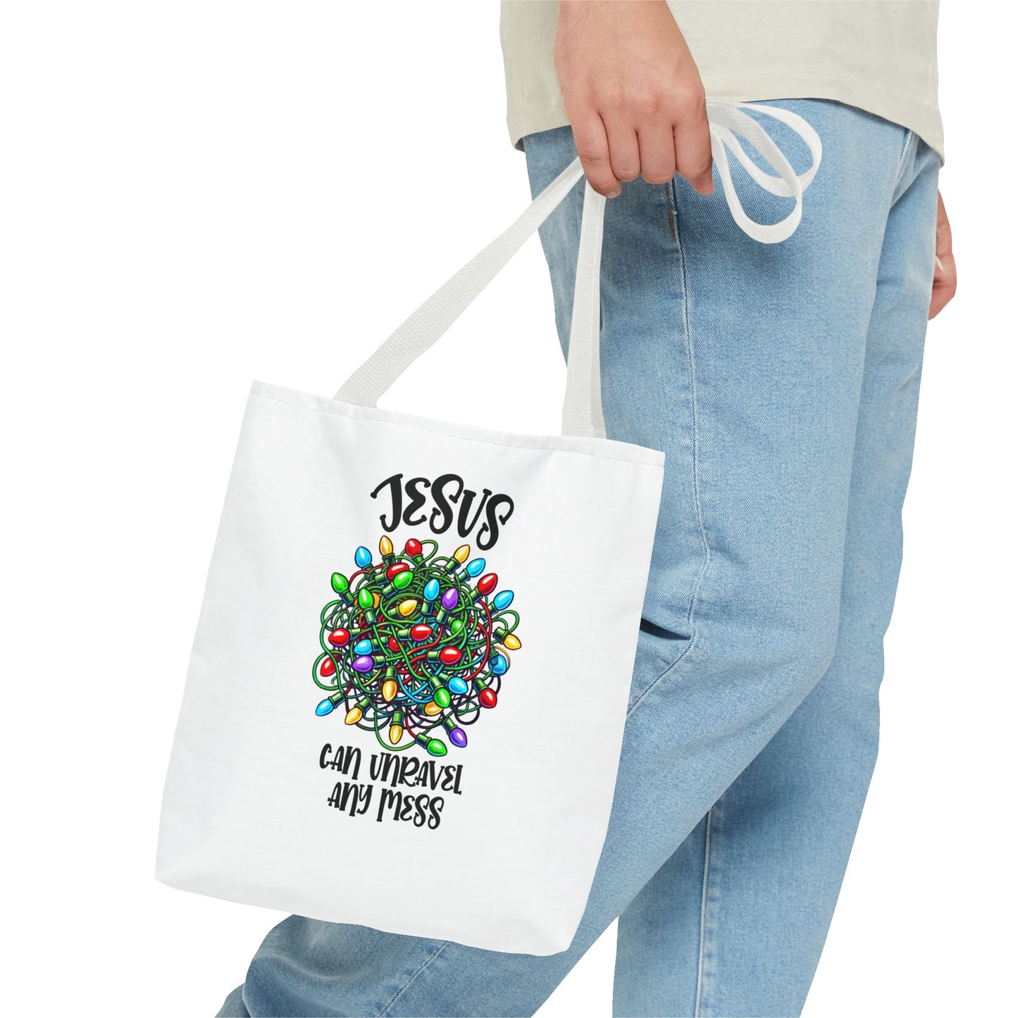 Jesus Can Unravel Any Mess Tote Bag (AOP)