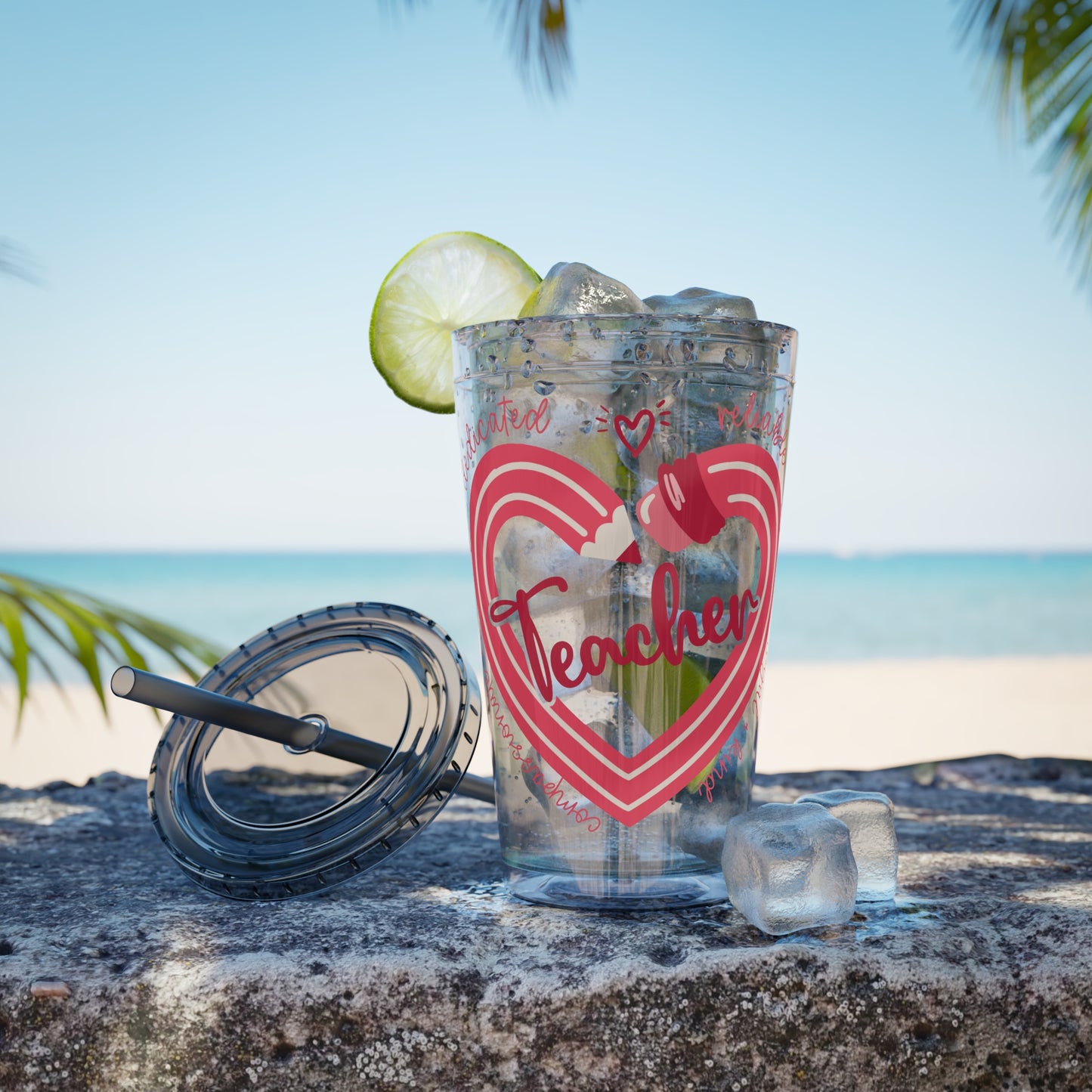 Teacher Heart Sunsplash Tumbler with Straw, 16oz