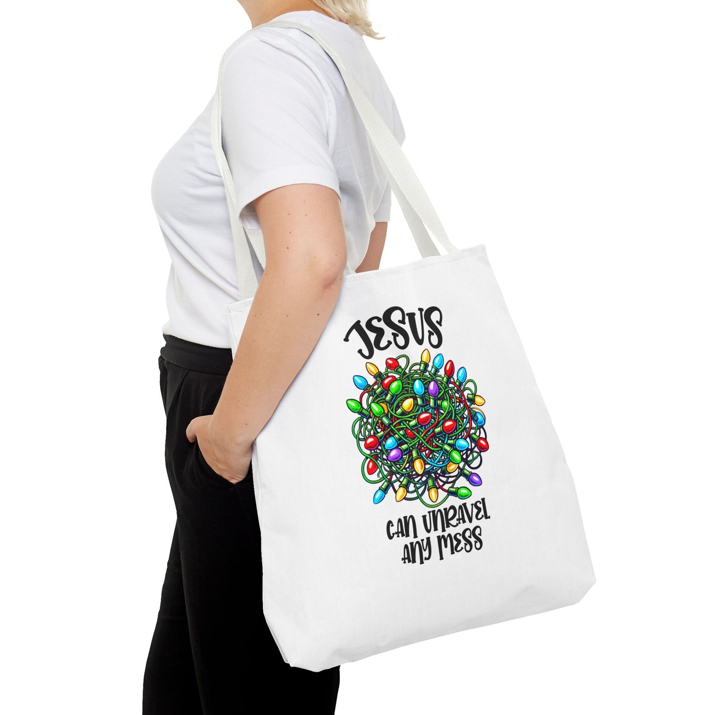 Jesus Can Unravel Any Mess Tote Bag (AOP)