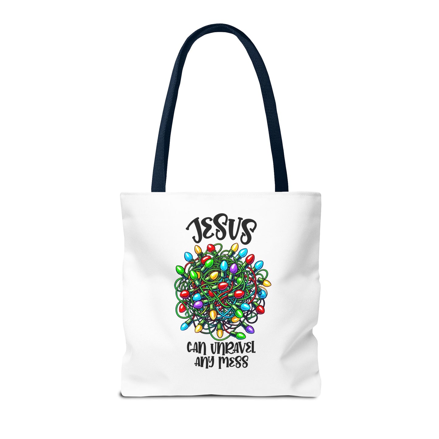 Jesus Can Unravel Any Mess Tote Bag (AOP)