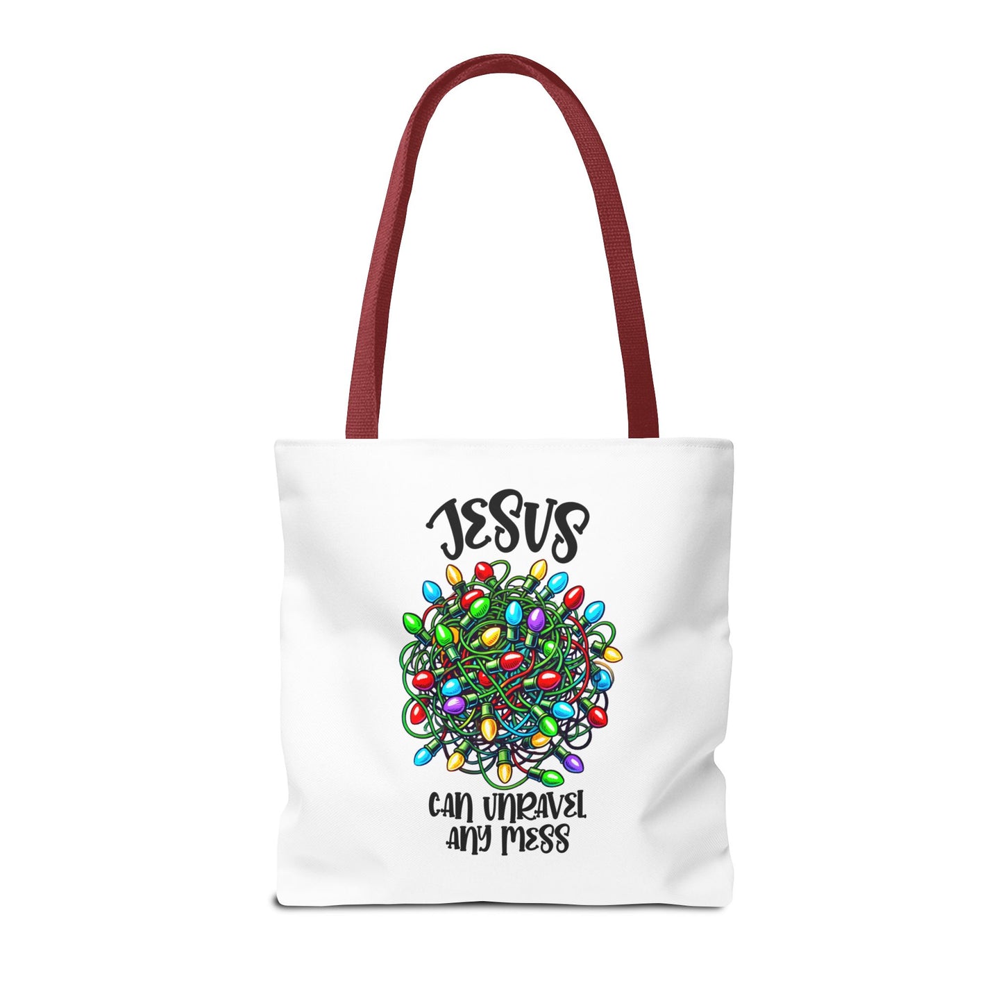 Jesus Can Unravel Any Mess Tote Bag (AOP)