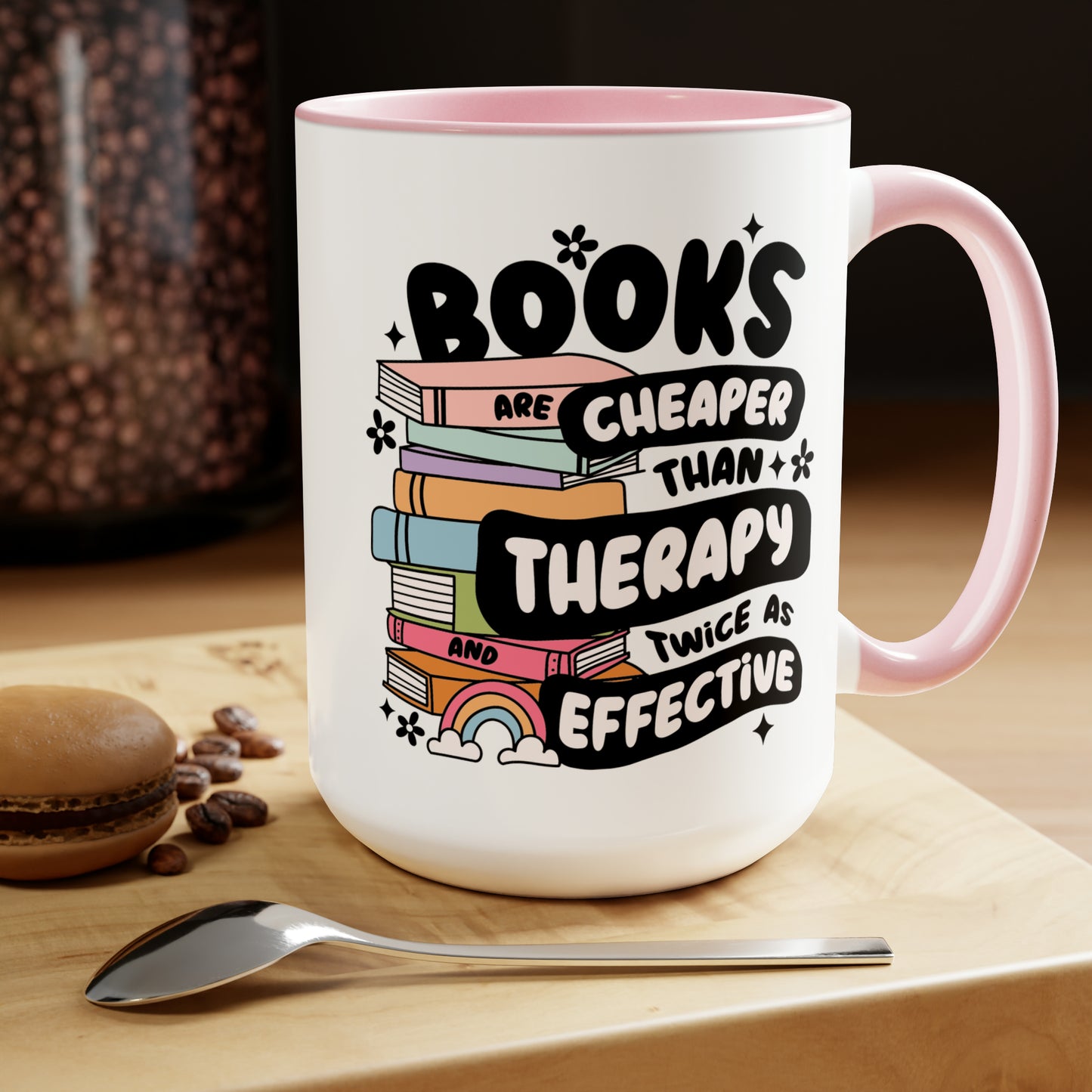 Books, Cheaper Than Therapy Two-Tone Coffee Mugs, 15oz