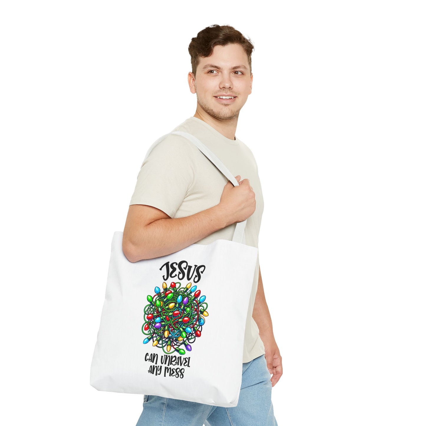 Jesus Can Unravel Any Mess Tote Bag (AOP)