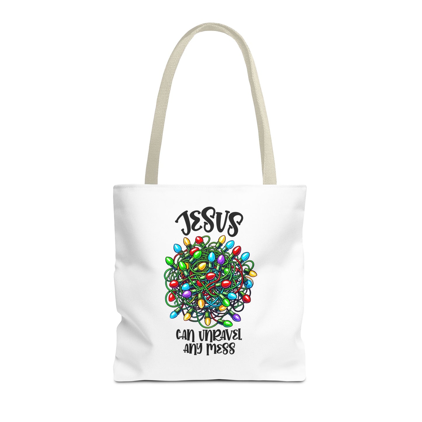 Jesus Can Unravel Any Mess Tote Bag (AOP)