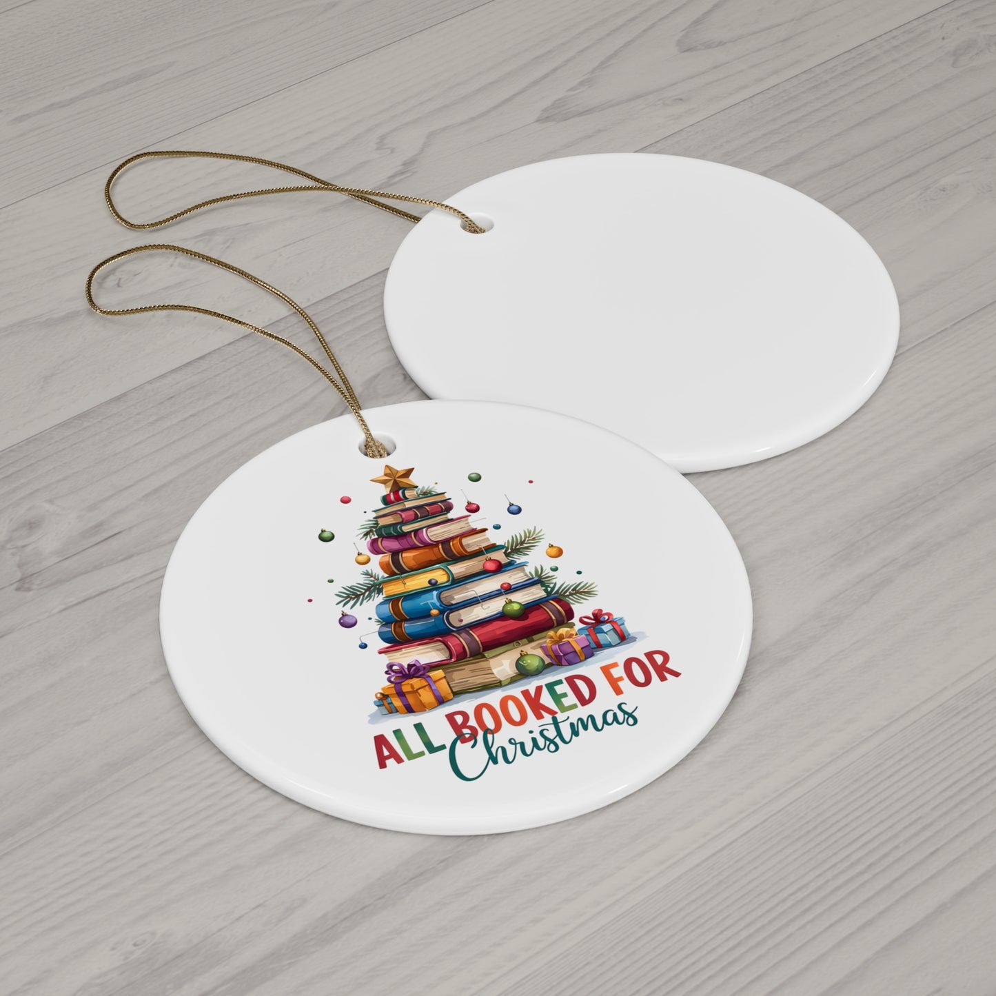 Festive Book Lover's Ceramic Ornament - All Booked for Christmas, Holiday Decoration, Gift for Readers, Tree Ornament, Unique Keepsake
