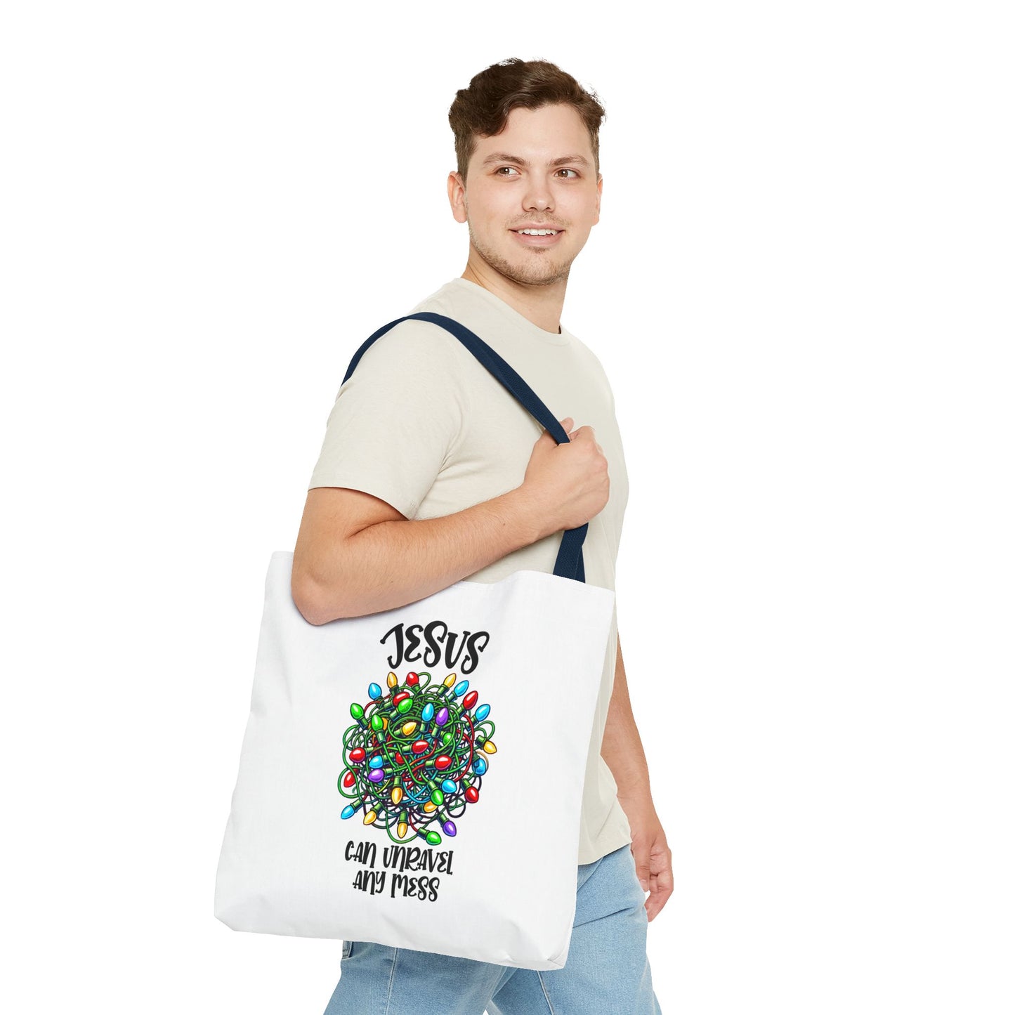 Jesus Can Unravel Any Mess Tote Bag (AOP)