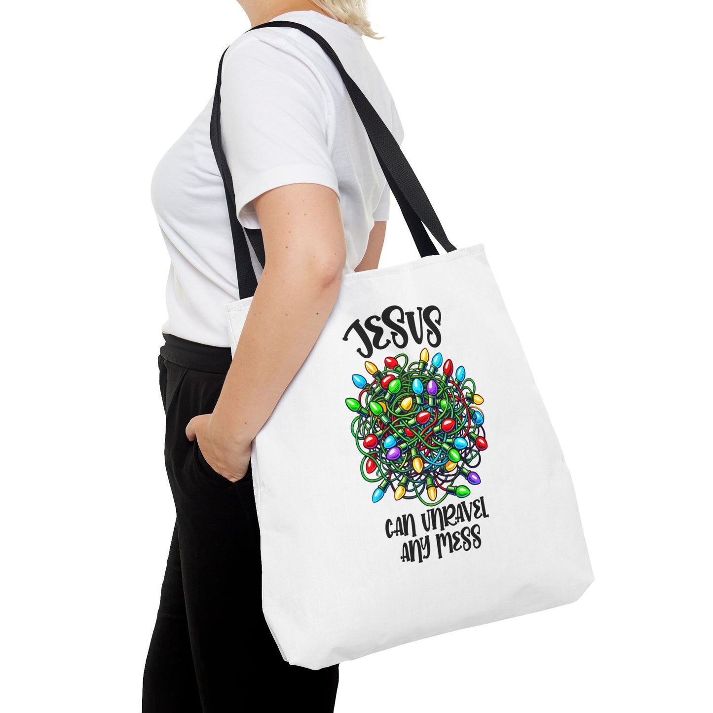 Jesus Can Unravel Any Mess Tote Bag (AOP)